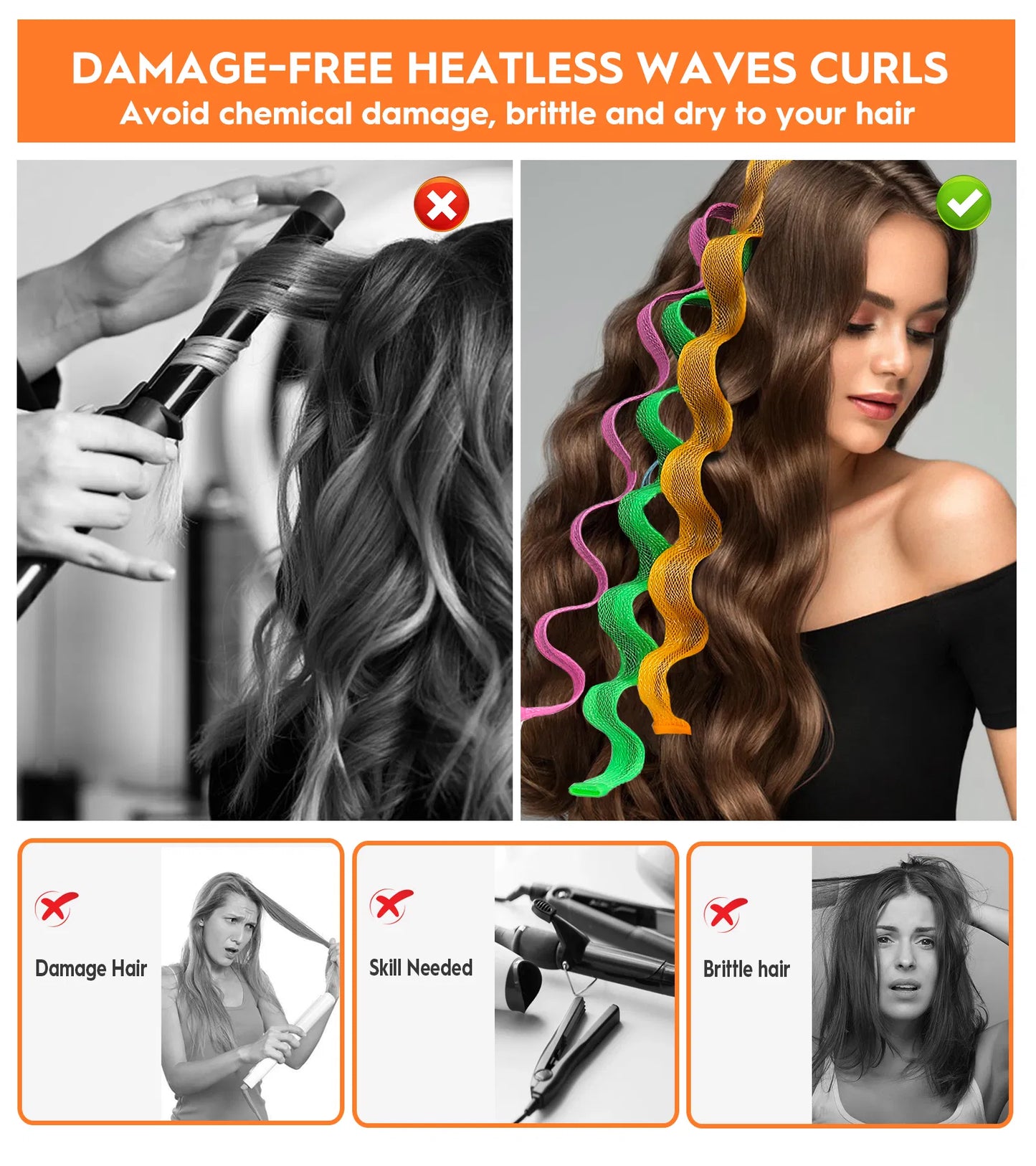 [vendor] 30 Pcs Heatless Hair Curlers Wave Curls Styling Kit With