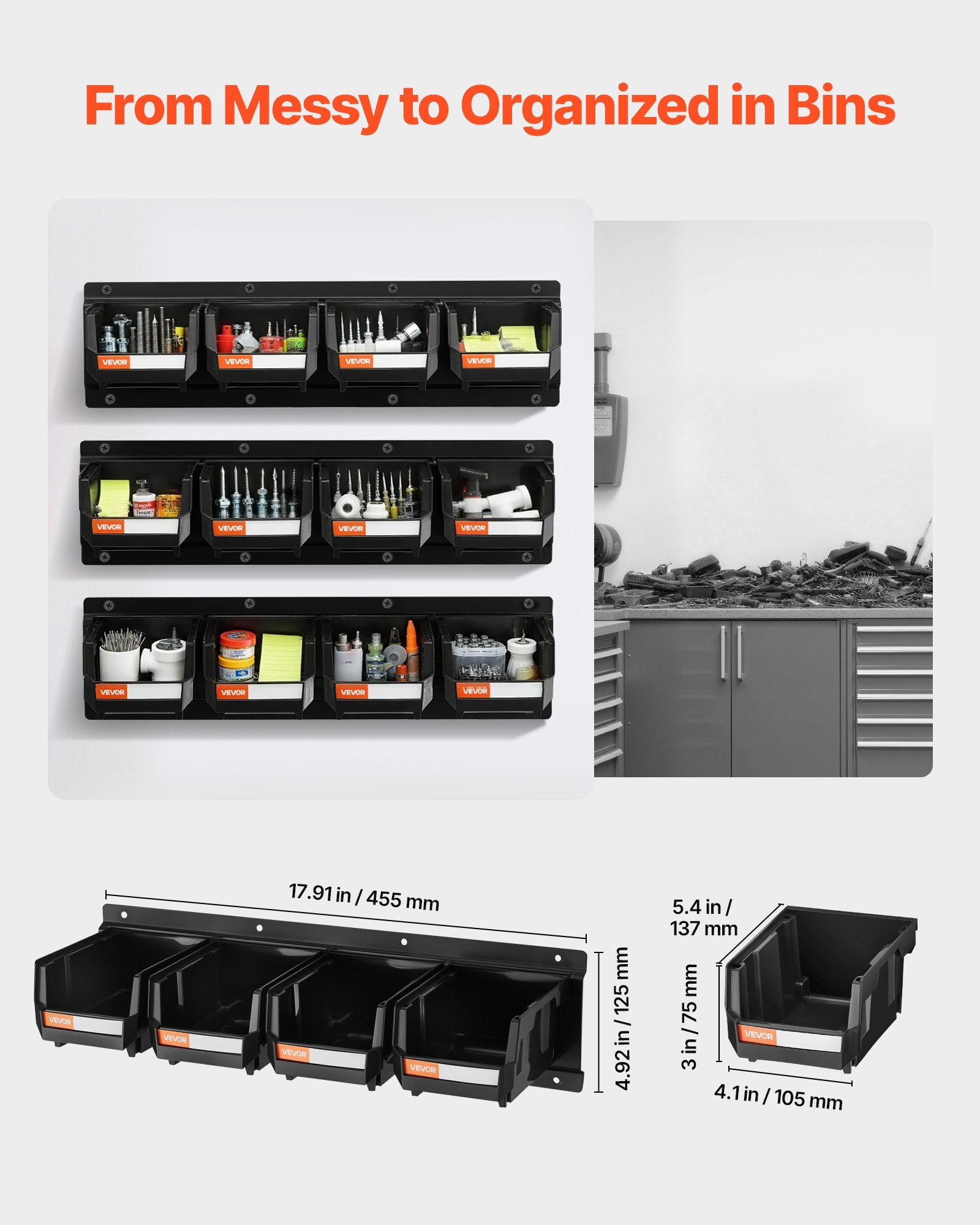 [vendor] Wall Mounted Storage Bins, 12 Plastic Bins & 3 Metal