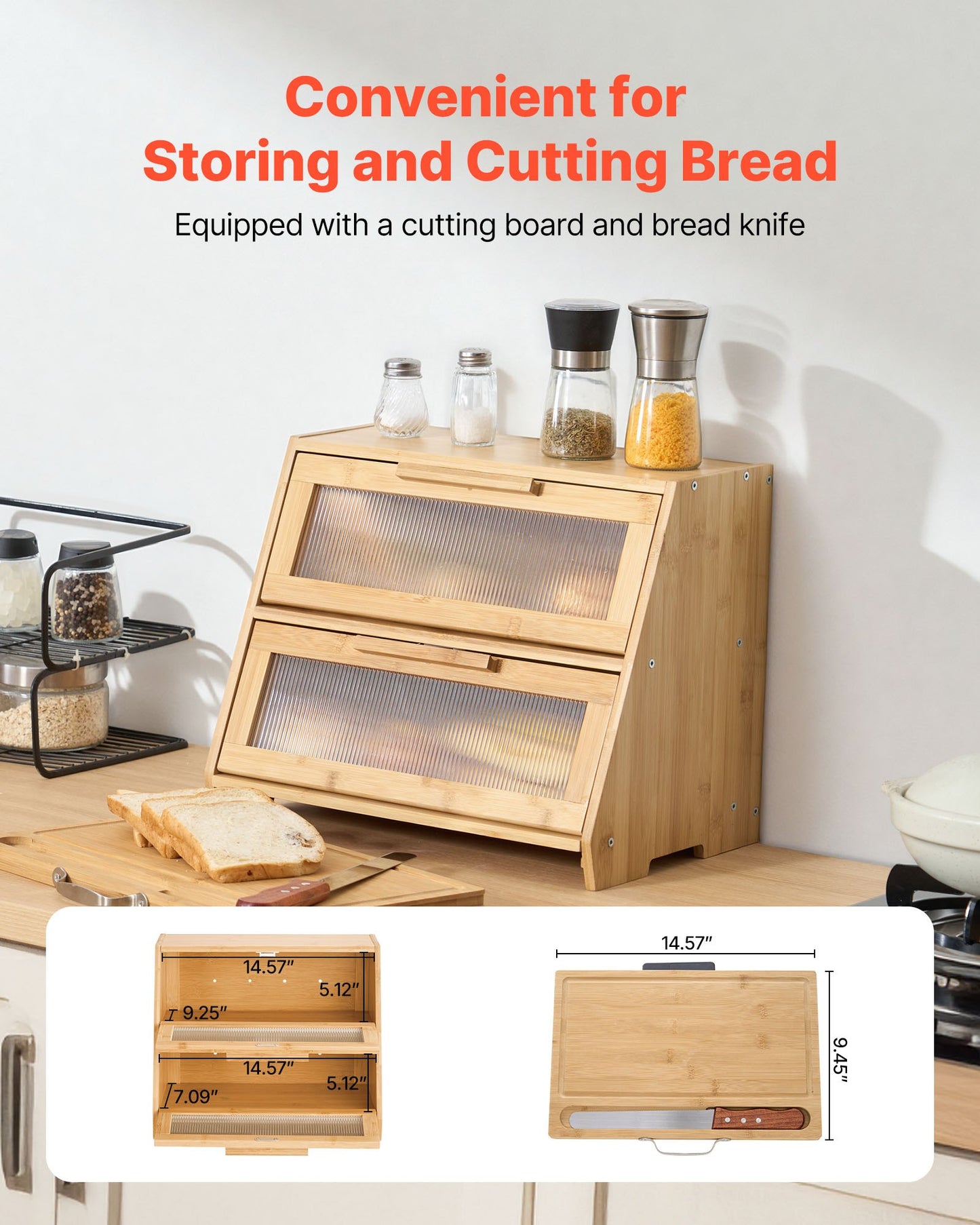 [vendor] Double Layer Bread Box For Kitchen Counter Bamboo
