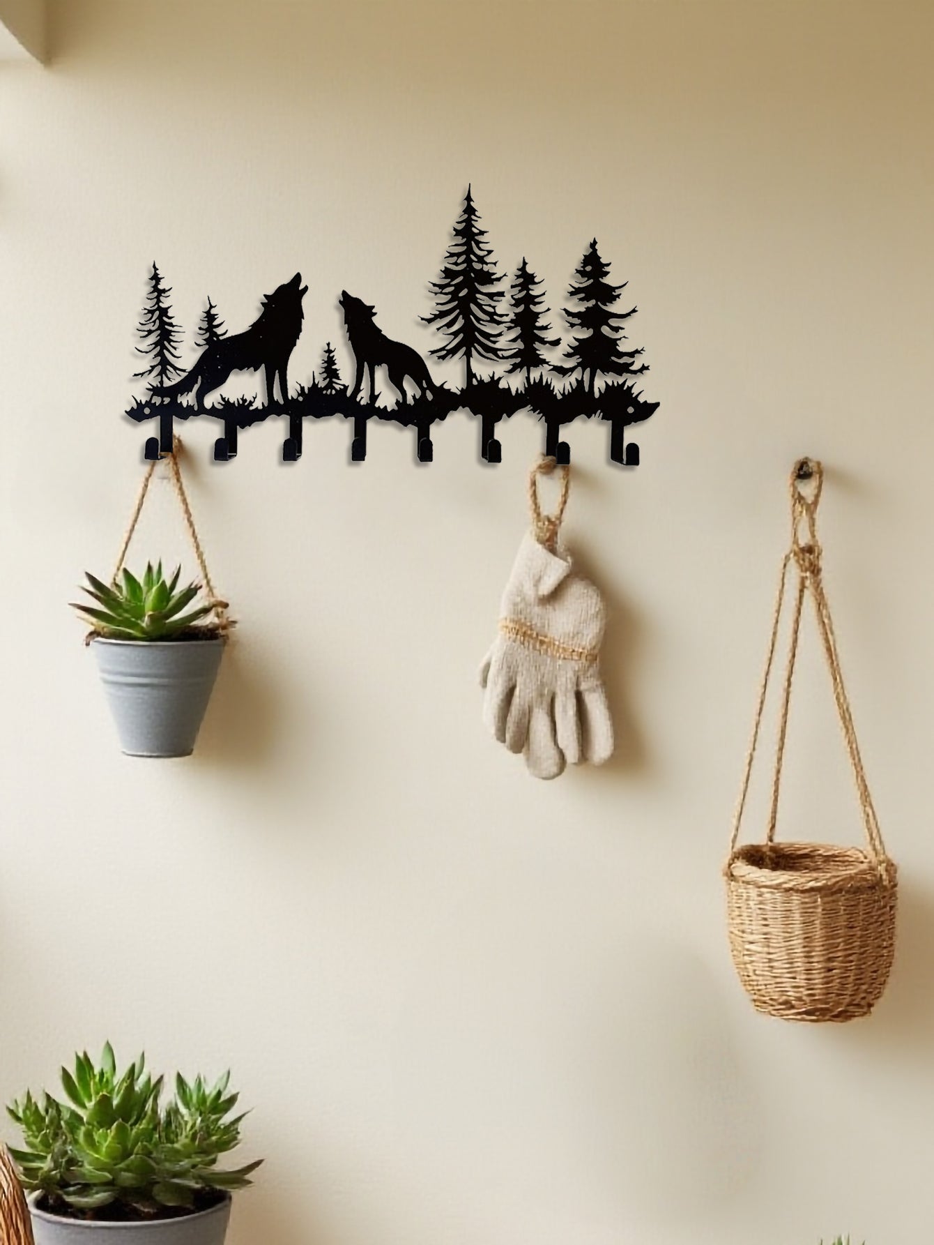 [vendor] Wolf Key Holder Wall Mount,8 Hook Coat Rack ,Scarves - Rustic
