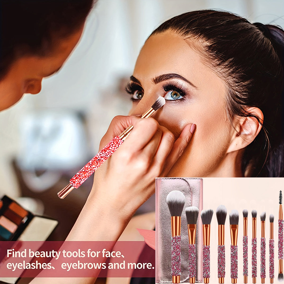[vendor] 10Pcs Luxury Makeup Brush Set Diamond Rivet Handle
