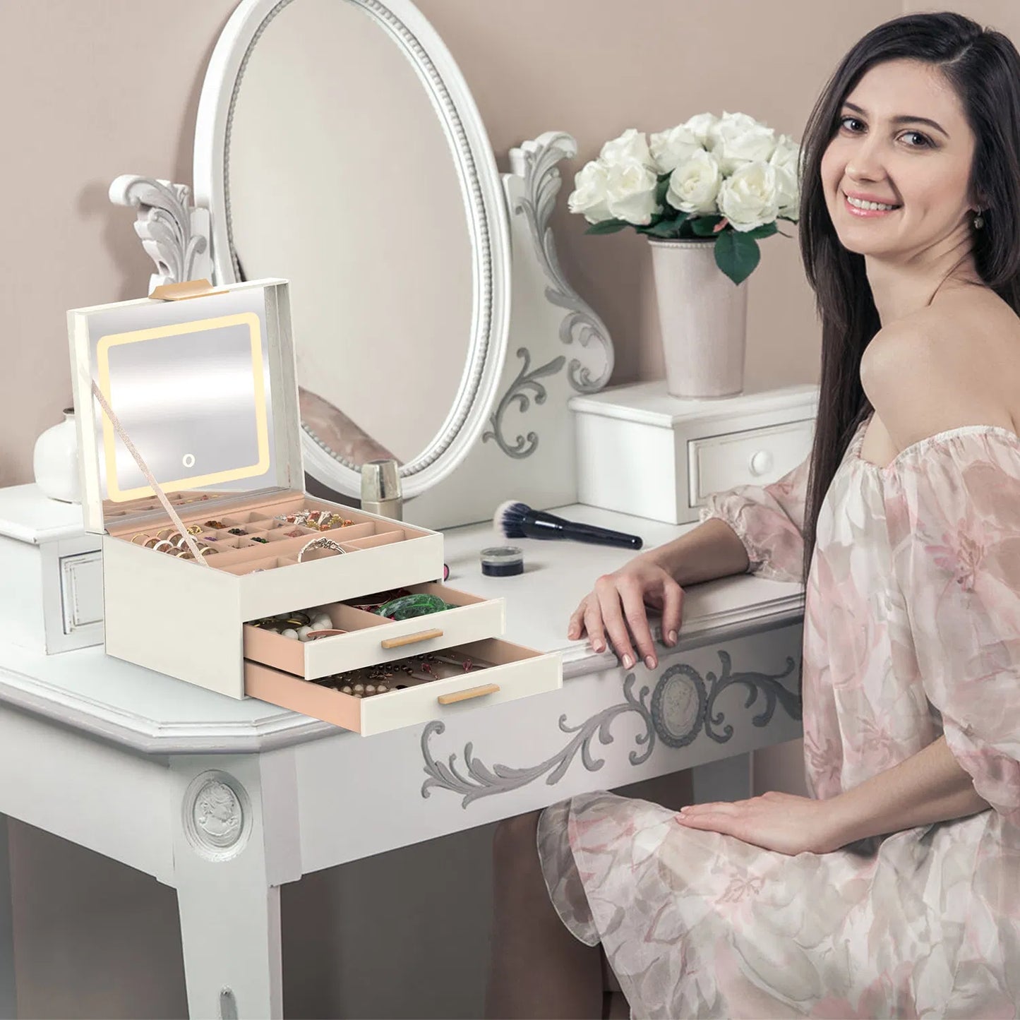 [vendor] Jewelry Box With LED Mirror 3-Layer Jewelry Organizer