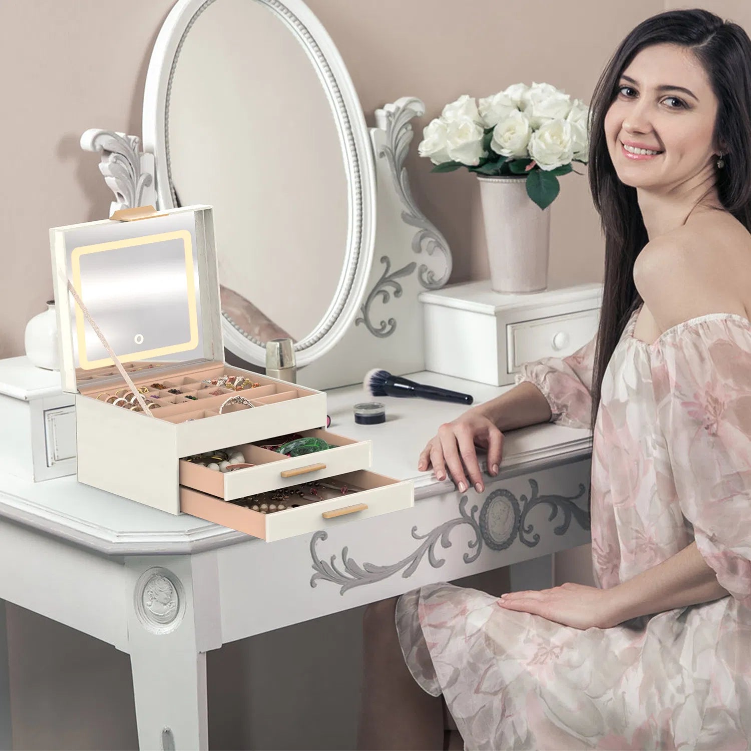 [vendor] Jewelry Box With LED Mirror 3-Layer Jewelry Organizer