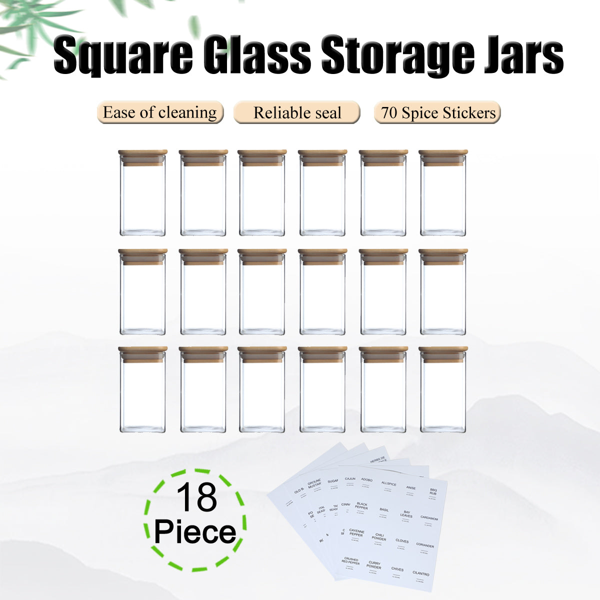 [vendor] 18 Pcs Square Spice Jars With 72 Stickers, Kitchen