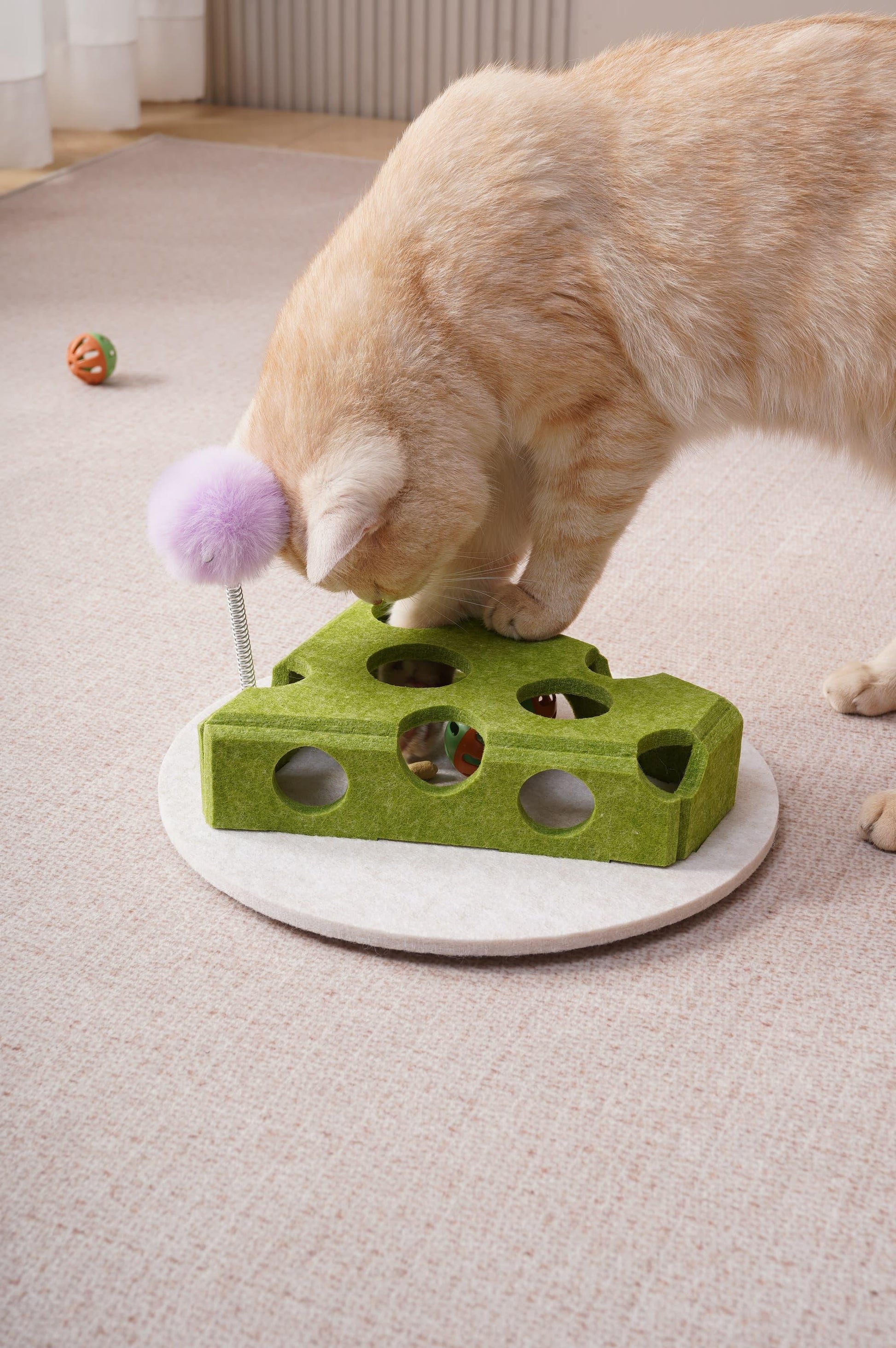 [vendor] Cat Puzzle Toy With Ball And Spring-loaded Wand Felt Indoor Cat