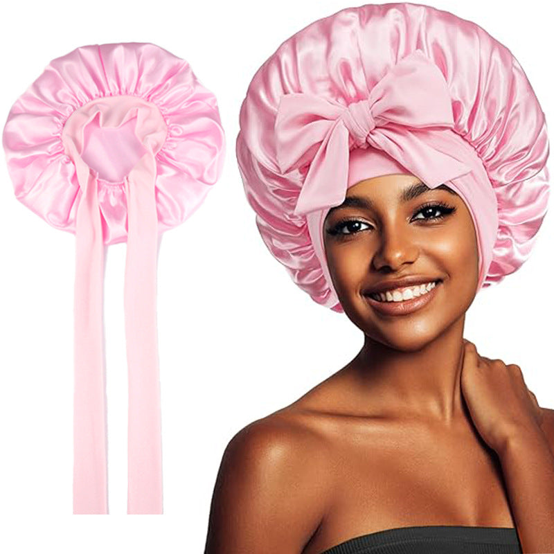 [vendor] Satin Sleep Bonnet With Bow Knot, Elastic Wide Band