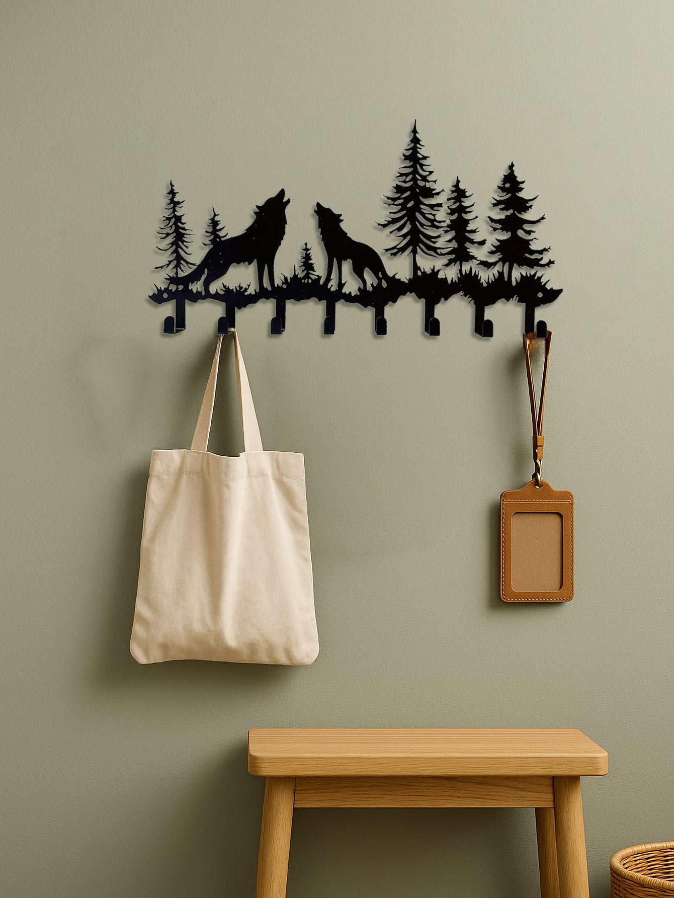 [vendor] Wolf Key Holder Wall Mount,8 Hook Coat Rack ,Scarves - Rustic