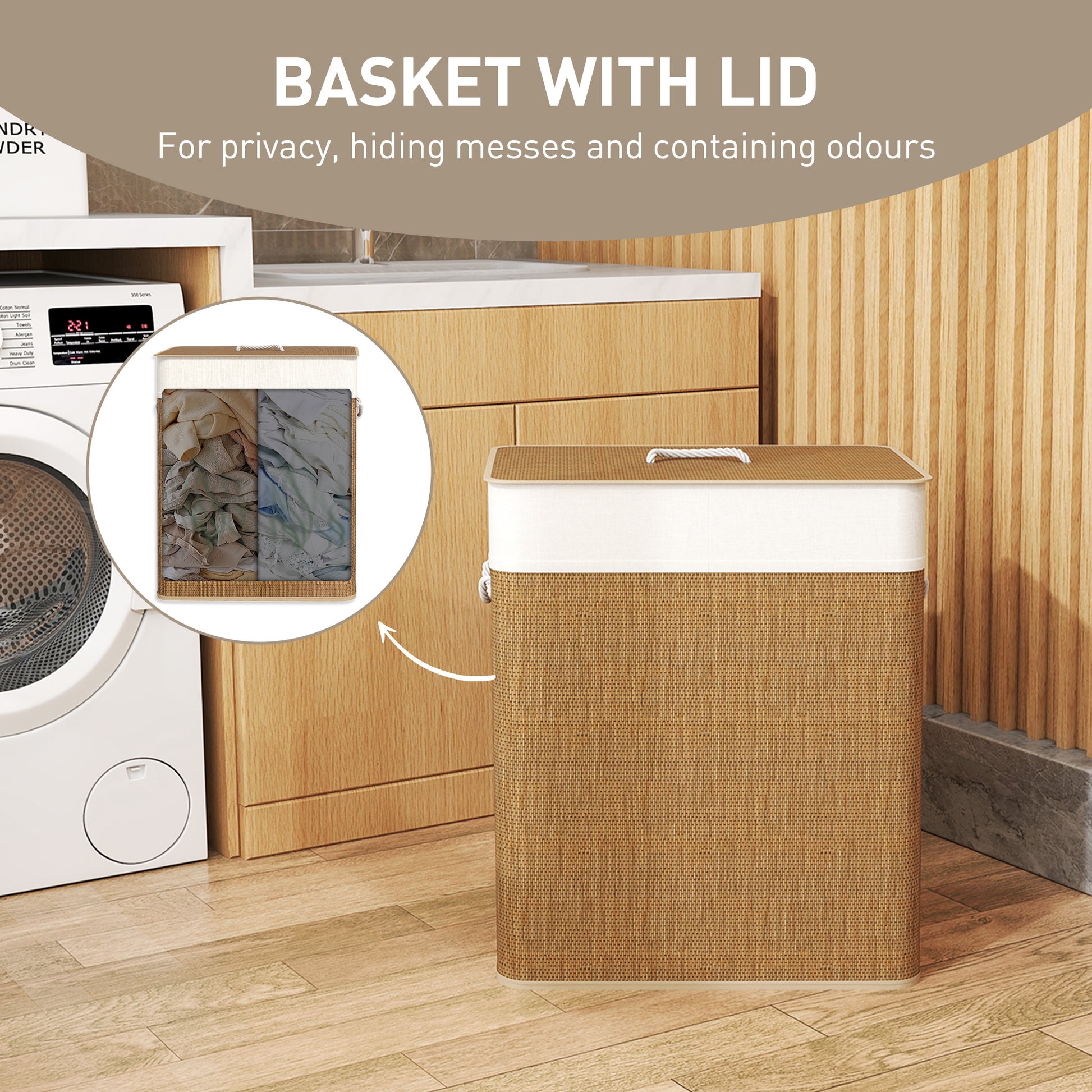 [vendor] Double Laundry Basket with Lid, 26.4 Gallon Bamboo
