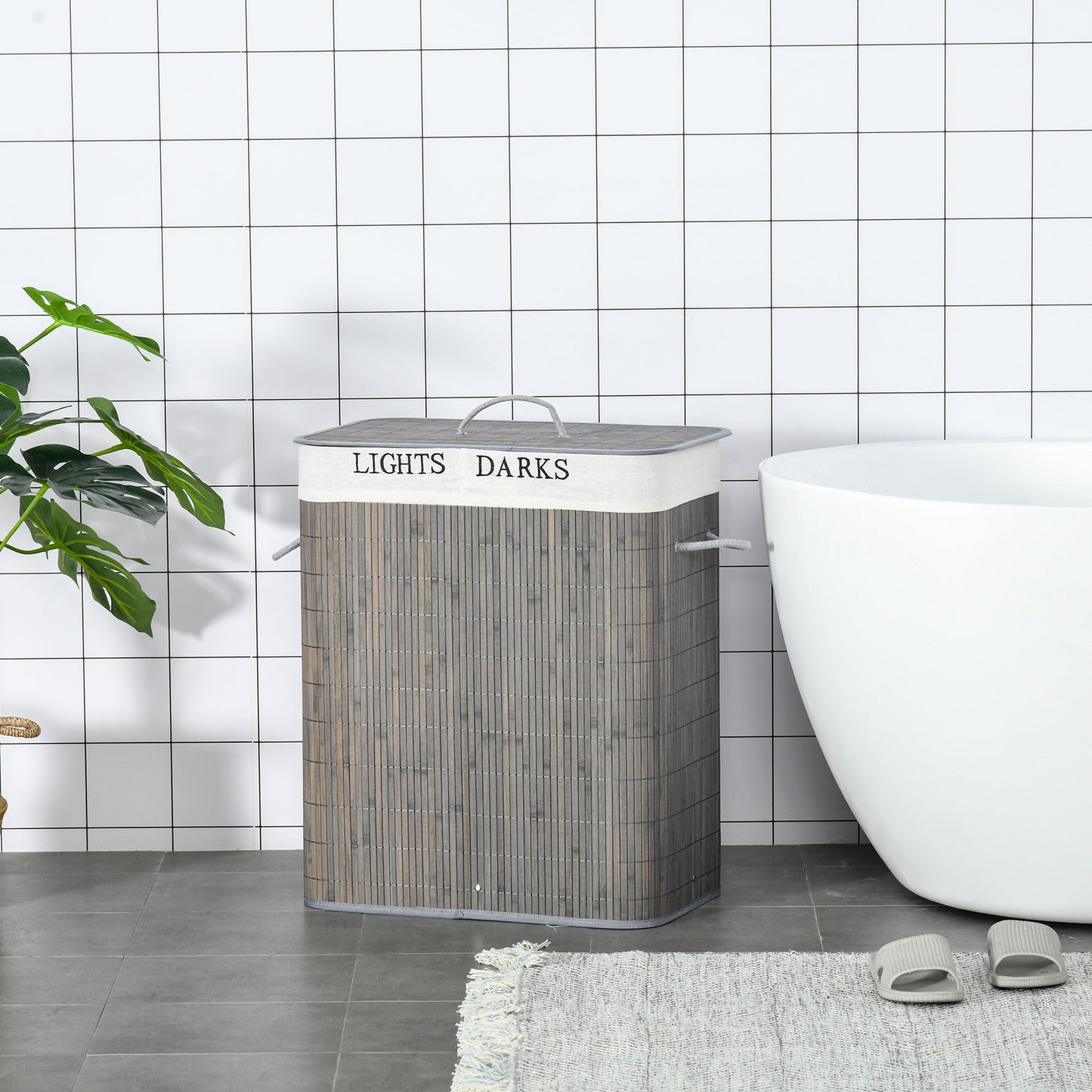 [vendor] 100L Laundry Basket With Lid String Handles, 2 Section