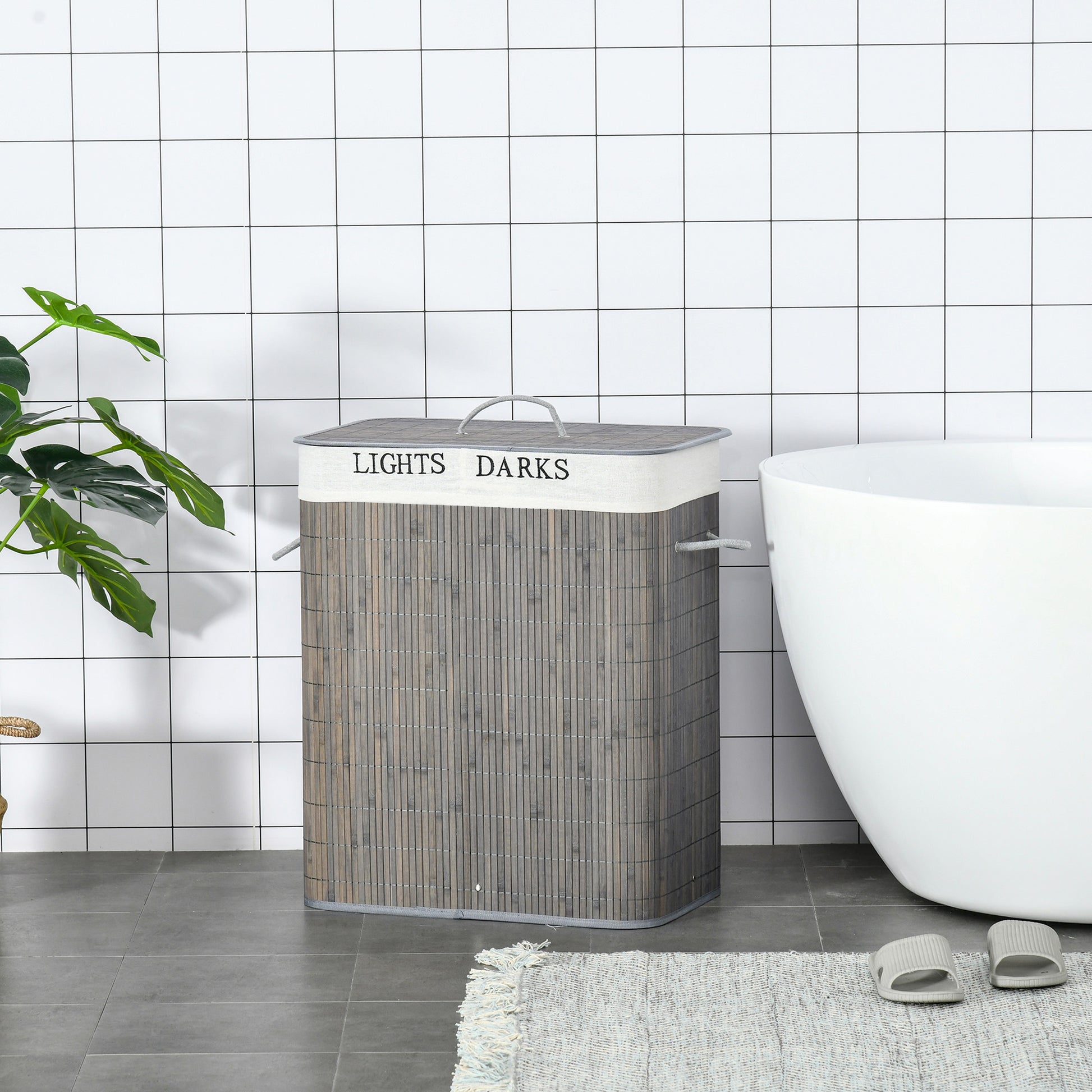 [vendor] 100L Laundry Basket With Lid String Handles, 2 Section