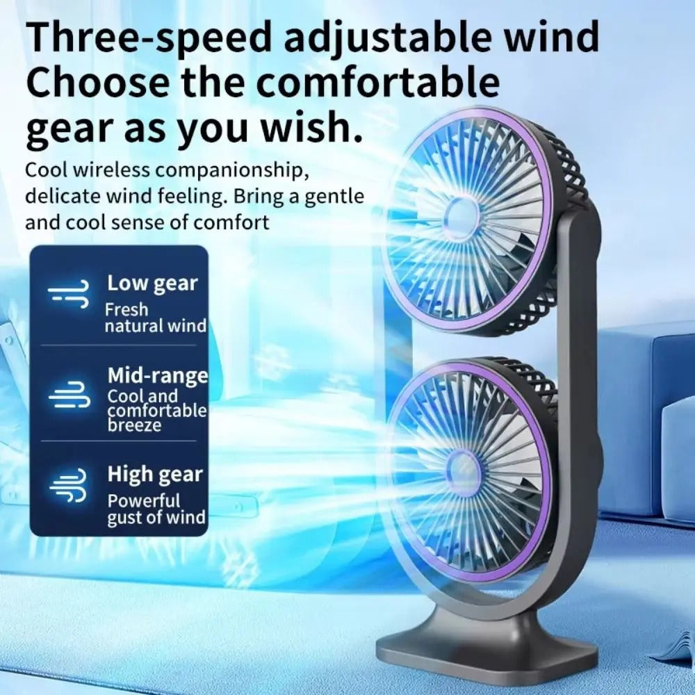 [vendor] 5 Gear Dual-Head Desktop Fan USB Rechargeable Low Noise