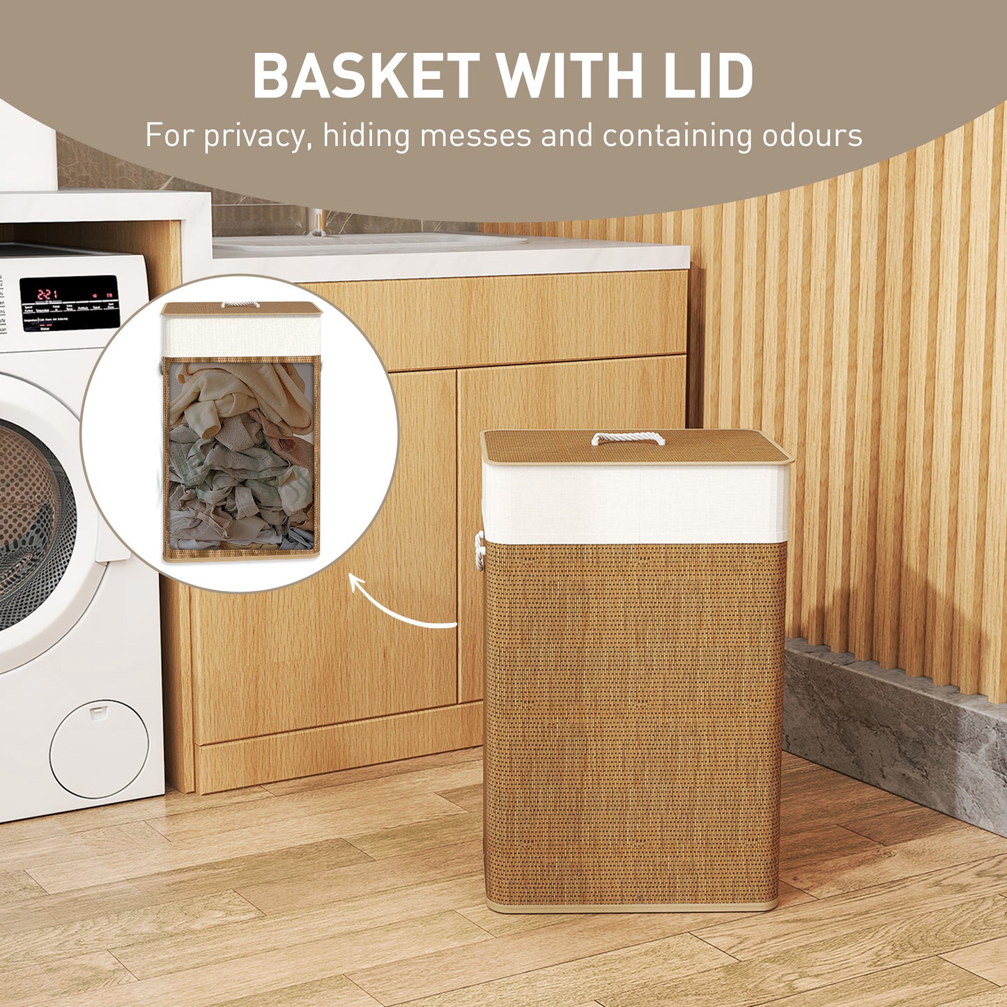 [vendor] Bamboo Laundry Basket With Lid, 72L Laundry Hamper With