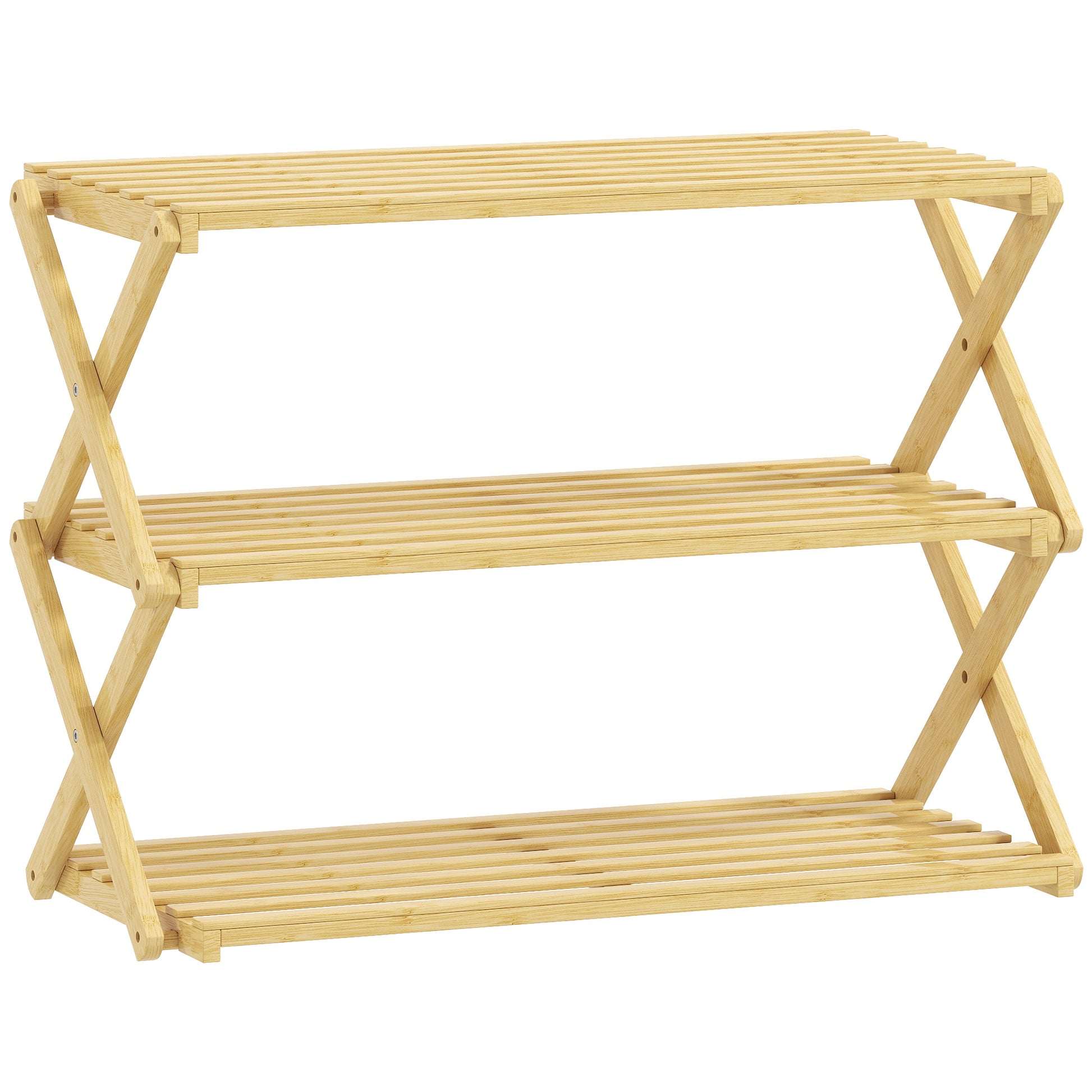 [vendor] Three-Tier Folding Bamboo Shoe Rack - Natural Finish