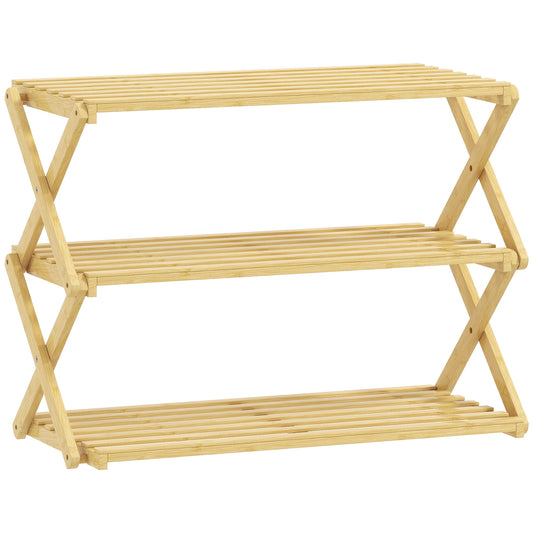 [vendor] Three-Tier Folding Bamboo Shoe Rack - Natural Finish