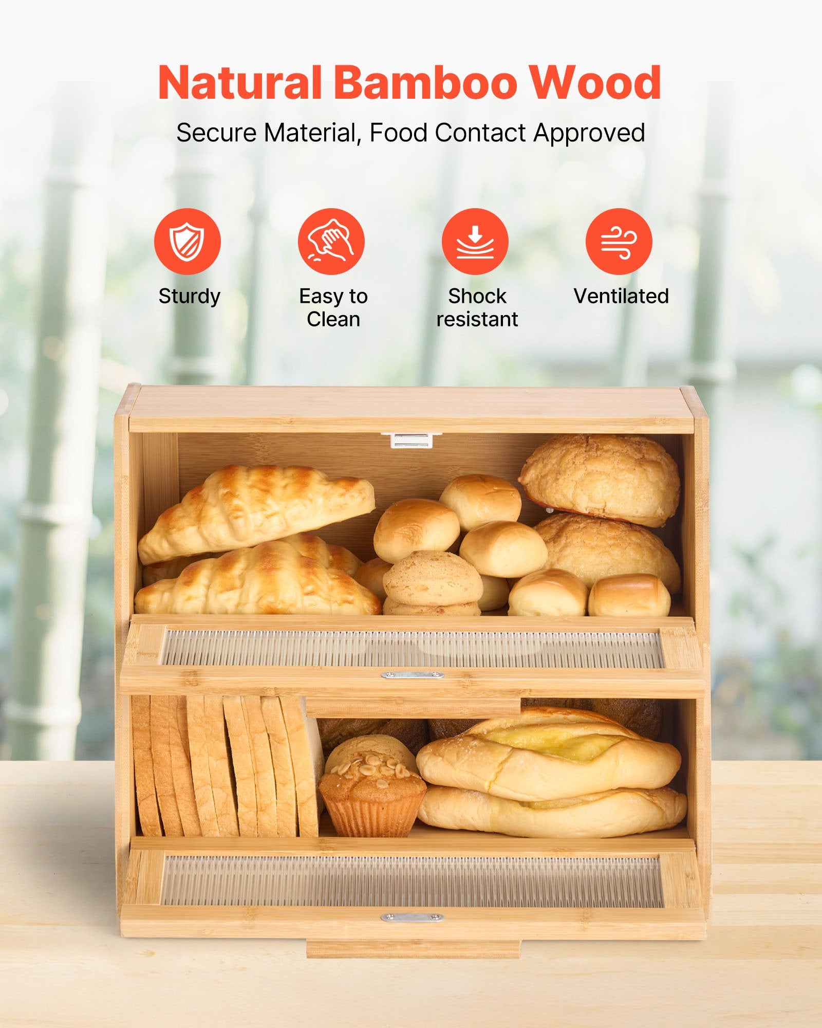 [vendor] Double Layer Bread Box For Kitchen Counter Bamboo