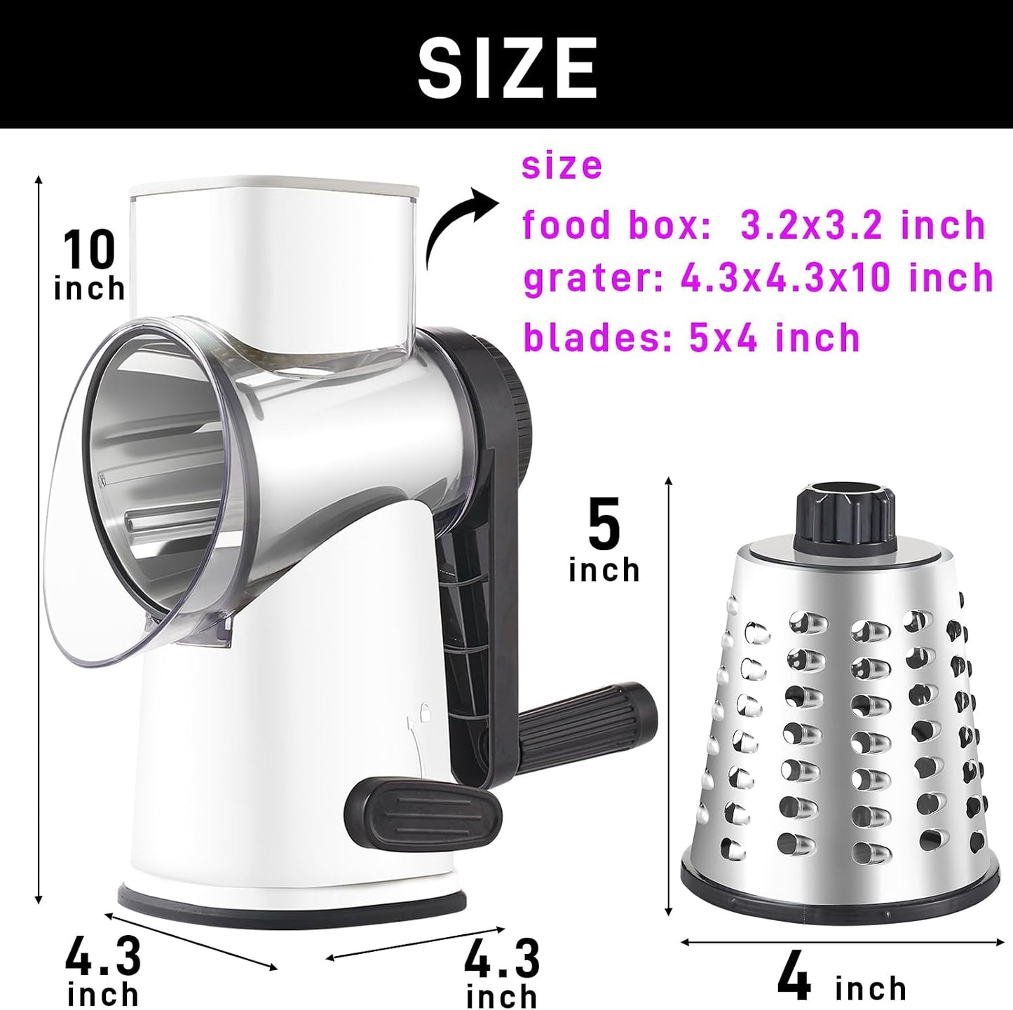 [vendor] 4 In 1 Large Cheese Grater, Hand Crank Rotary Shredder,