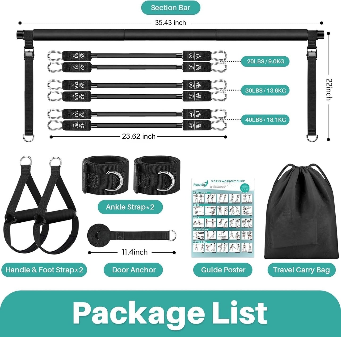 [vendor] Pilates Bar Kit With 6 Resistance Bands Home Gym Fitness