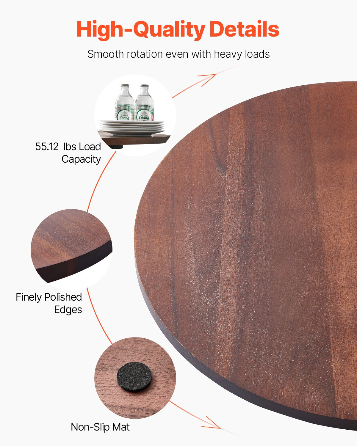 [vendor] 24 In Wood Lazy Susan Turntable, 360° Rotation Round