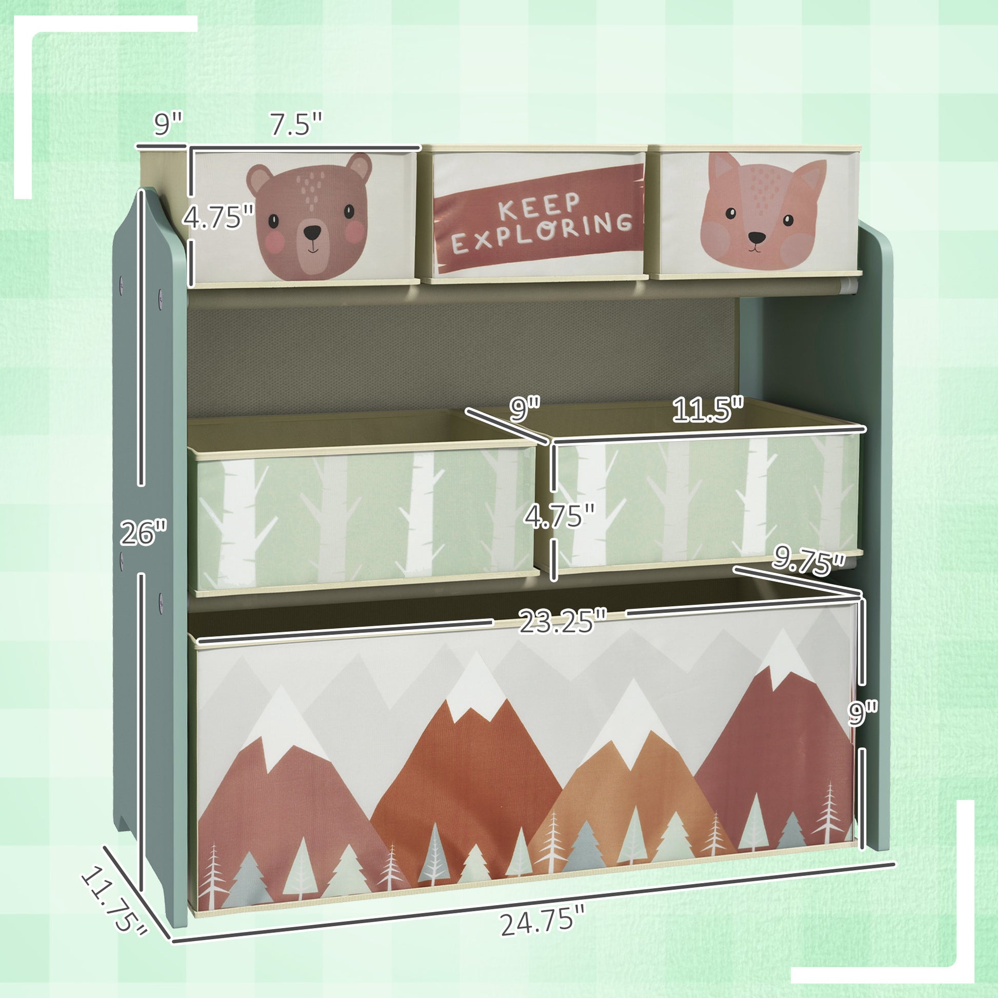[vendor] Toy Organizer with 6 Storage Bins, 25" x 12" x 26", Green