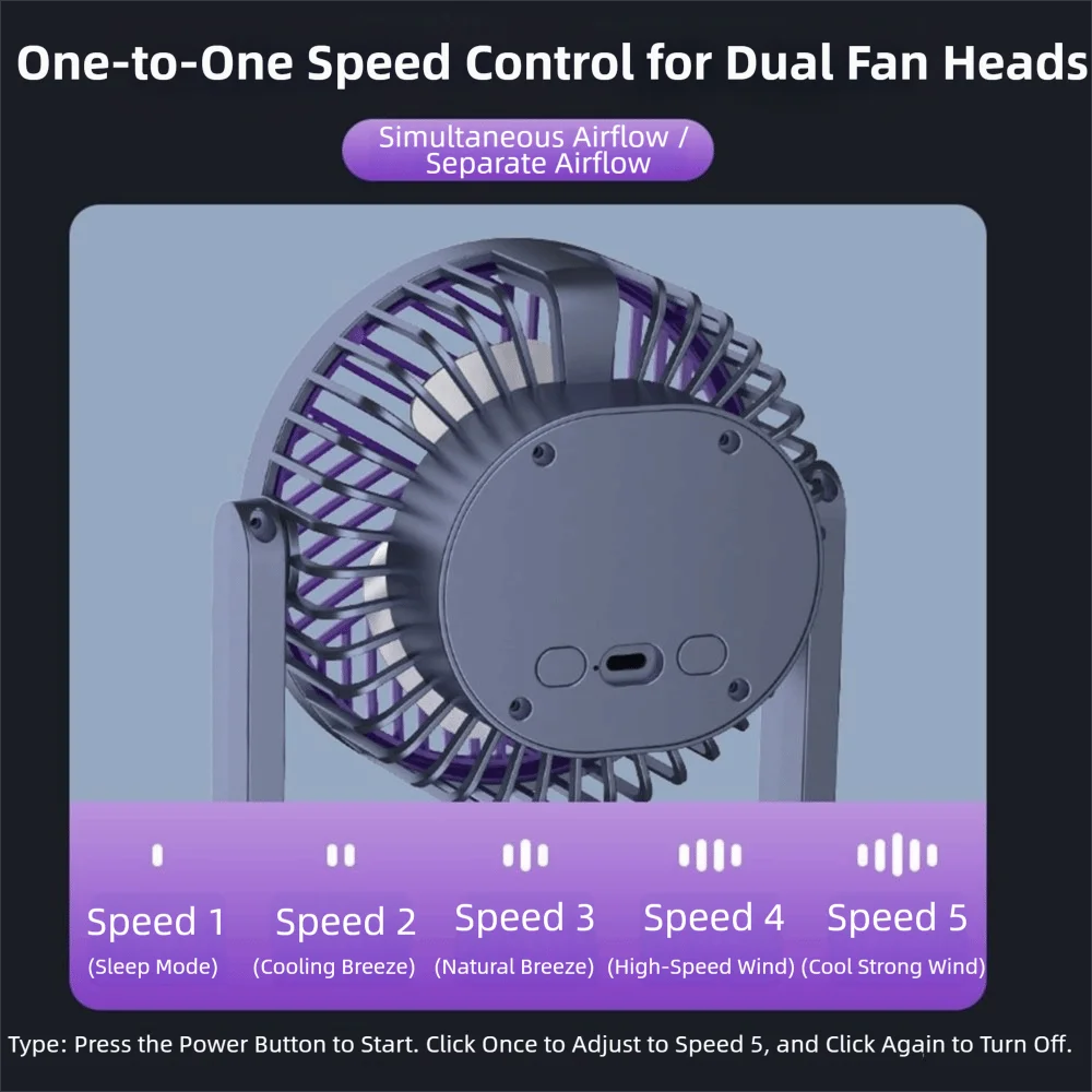 [vendor] 5 Gear Dual-Head Desktop Fan USB Rechargeable Low Noise