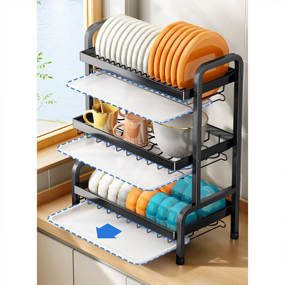 [vendor] 3 Tier Dish Drainer Rack With Drip Tray Cutlery Holder