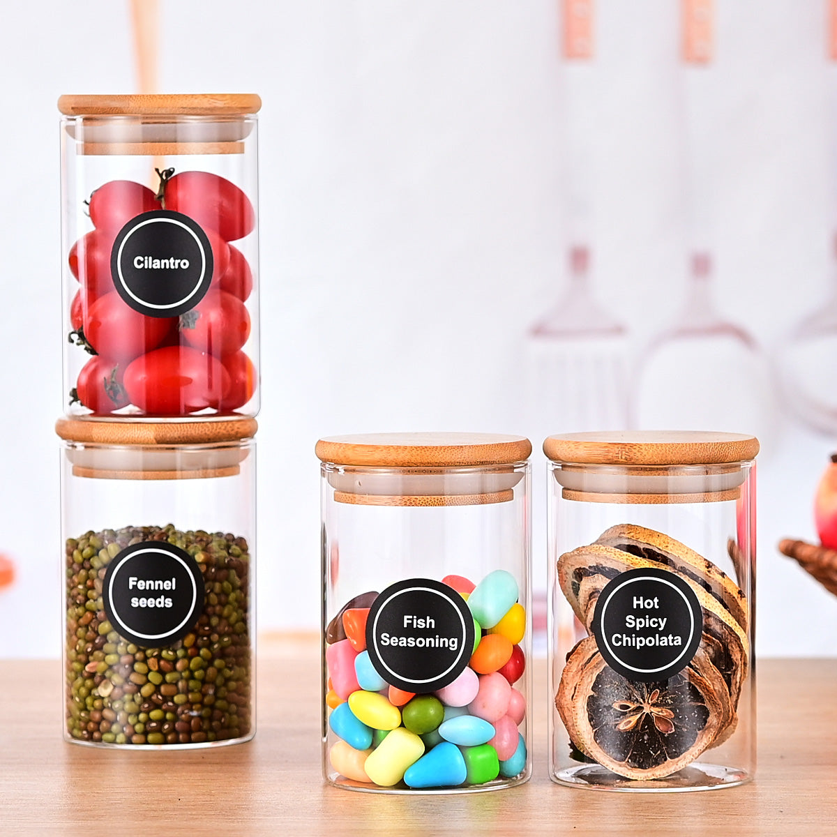 [vendor] 12 Pcs Round Spice Jars With Bamboo Lids And Stickers,