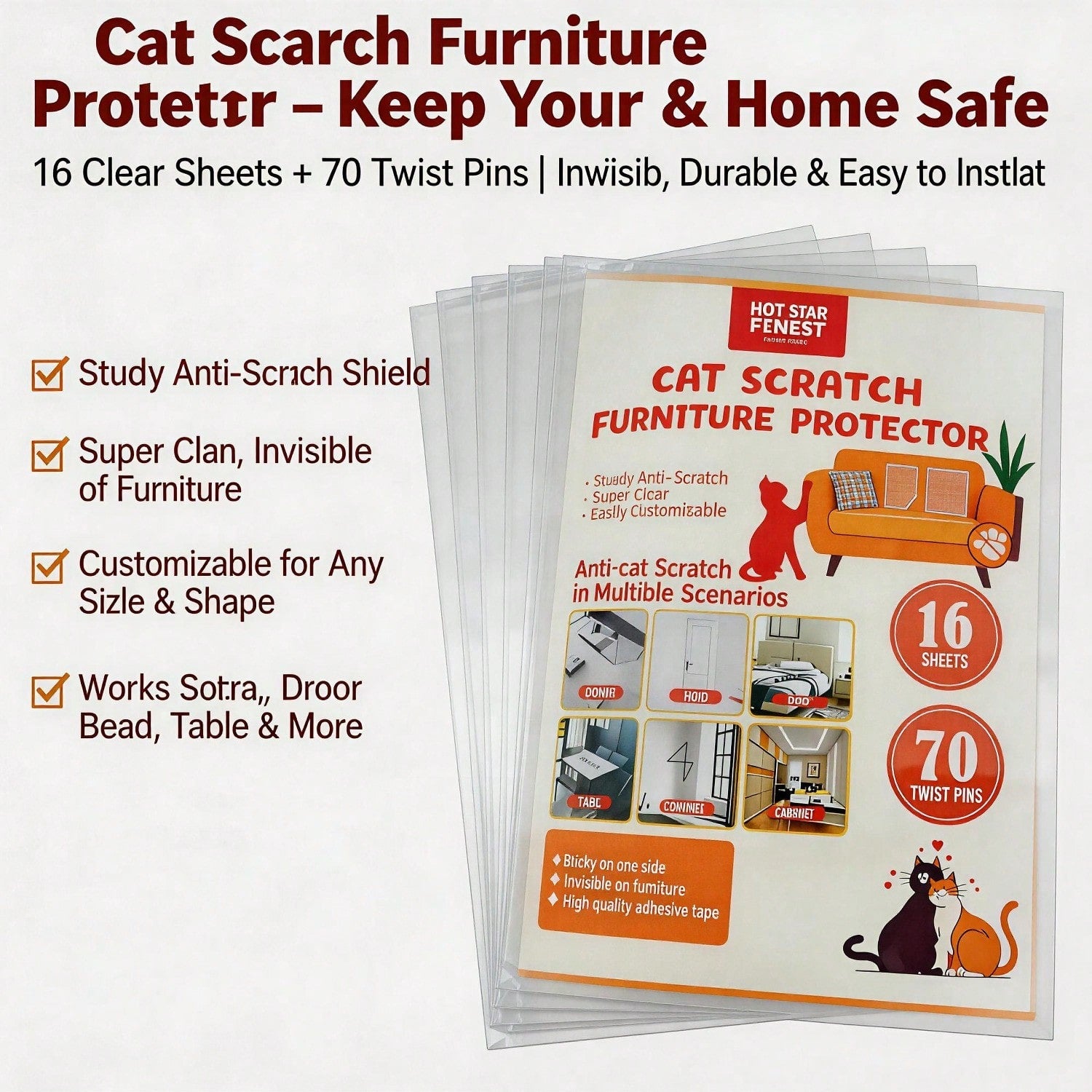 [vendor] Cat Scratch Furniture Protector Set 16 Clear Sheets, Incldes 8