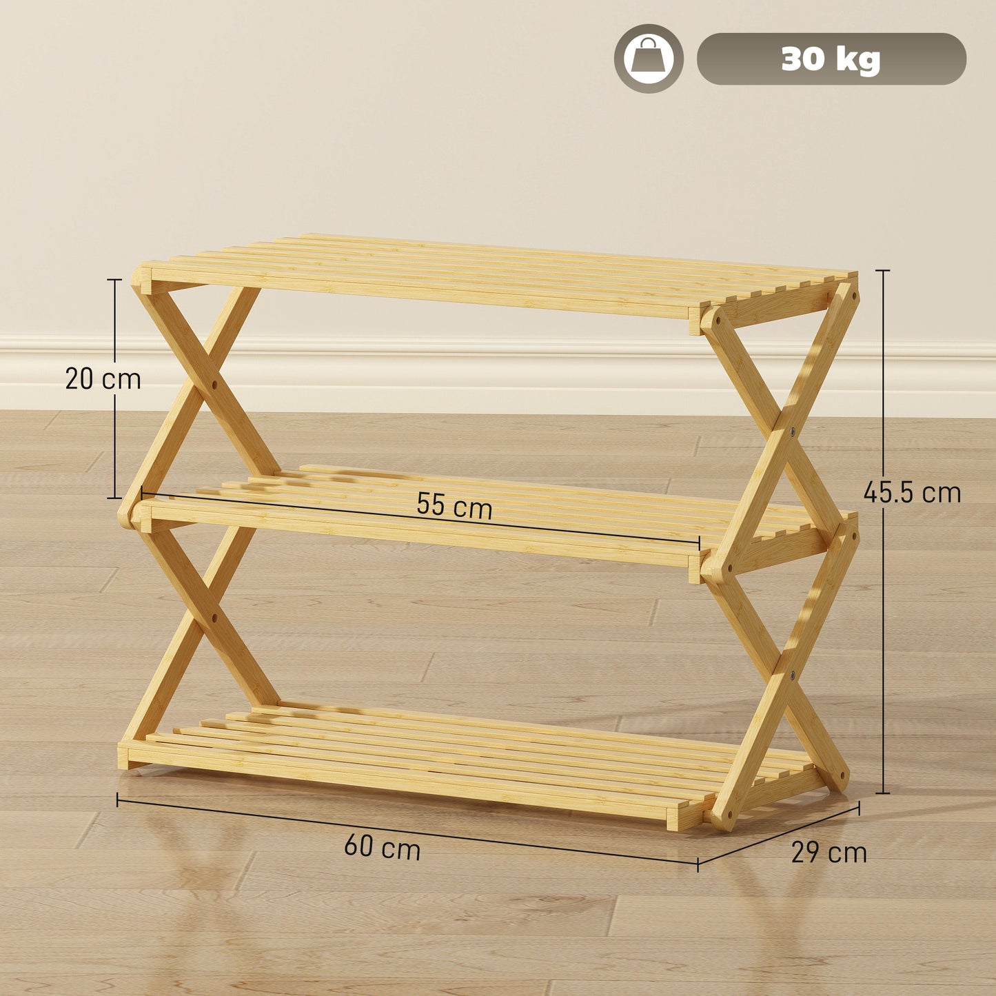 [vendor] Three-Tier Folding Bamboo Shoe Rack - Natural Finish