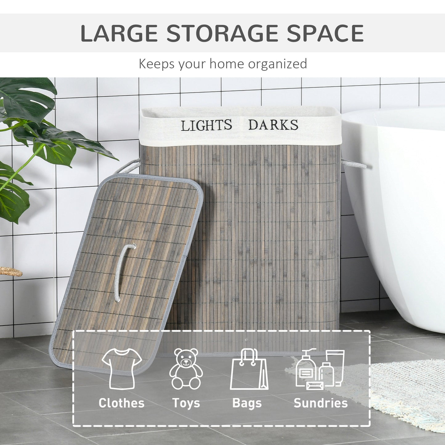 [vendor] 100L Laundry Basket With Lid String Handles, 2 Section