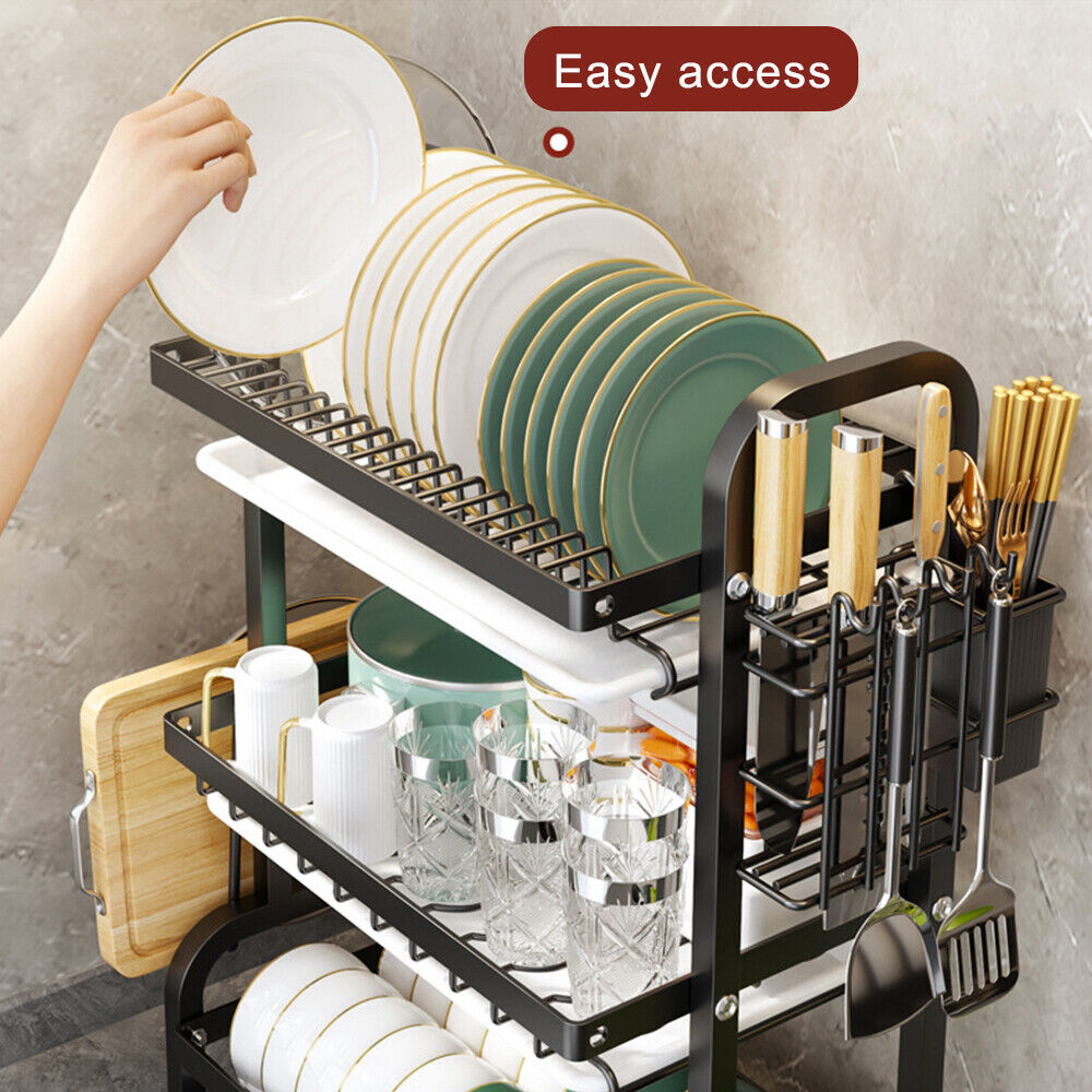 [vendor] 3 Tier Dish Drainer Rack With Drip Tray Cutlery Holder