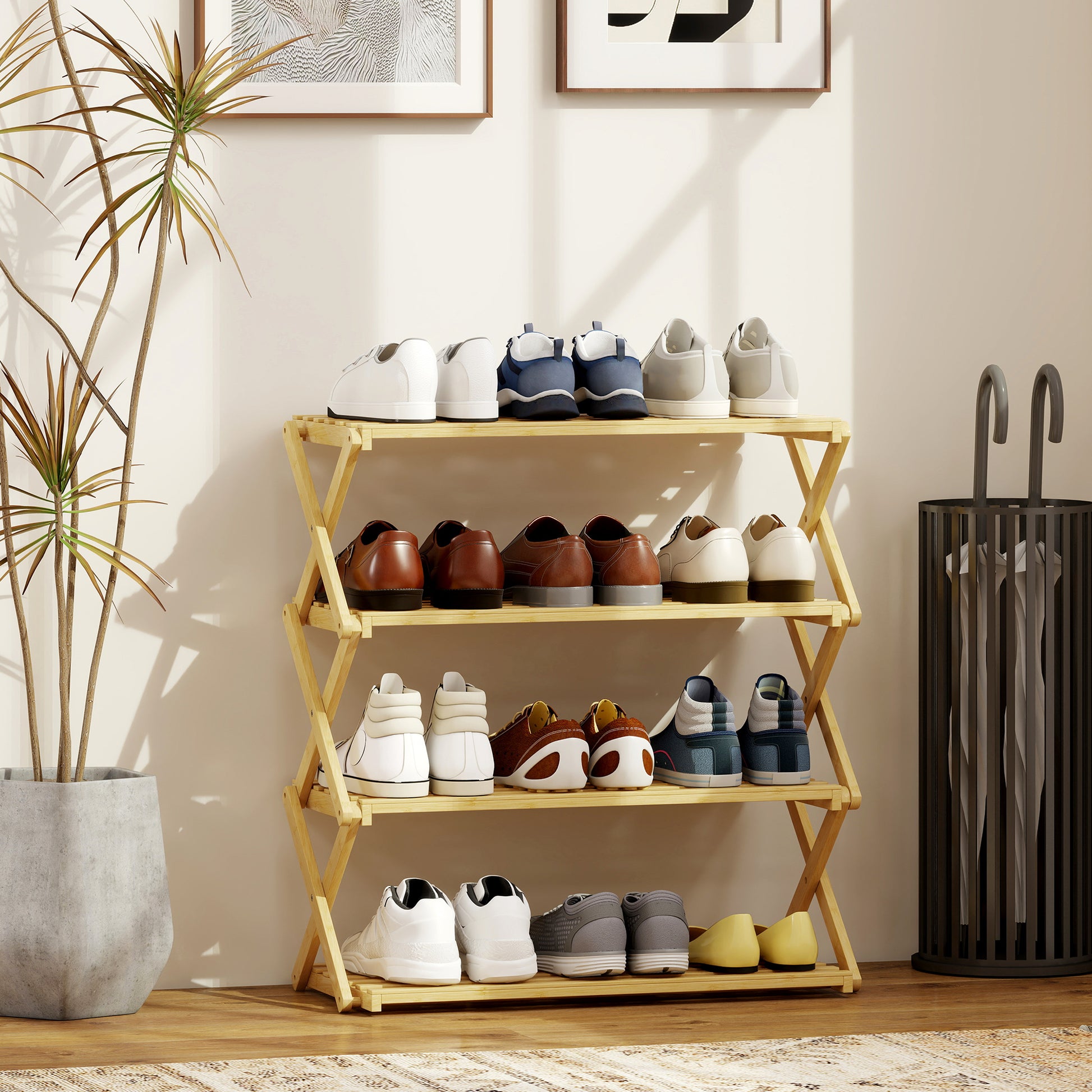 [vendor] Four-Tier Folding Bamboo Shoe Rack - Natural Finish