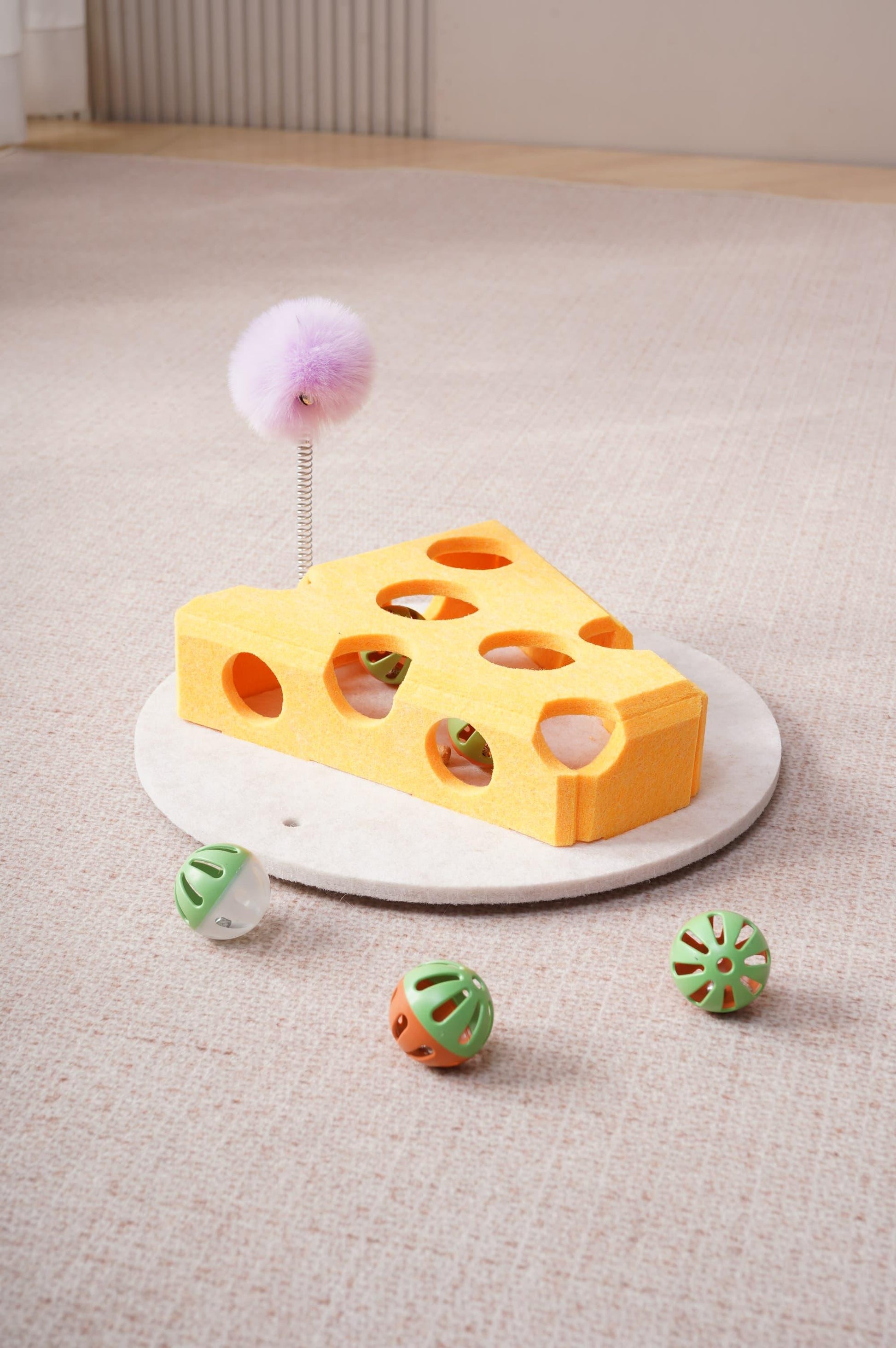 [vendor] Cat Puzzle Toy With Ball And Spring-loaded Wand Felt Indoor Cat