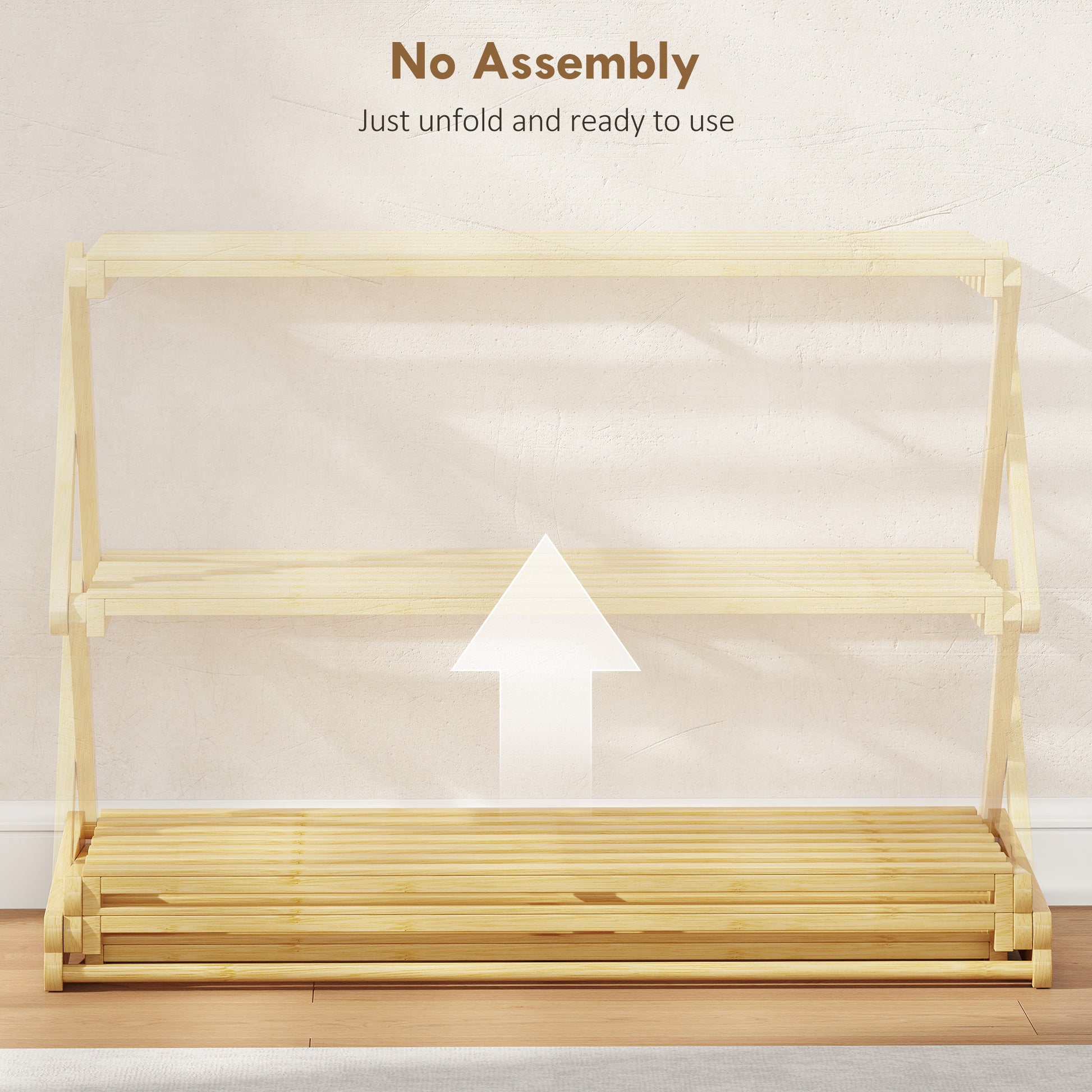 [vendor] Three-Tier Folding Bamboo Shoe Rack - Natural Finish