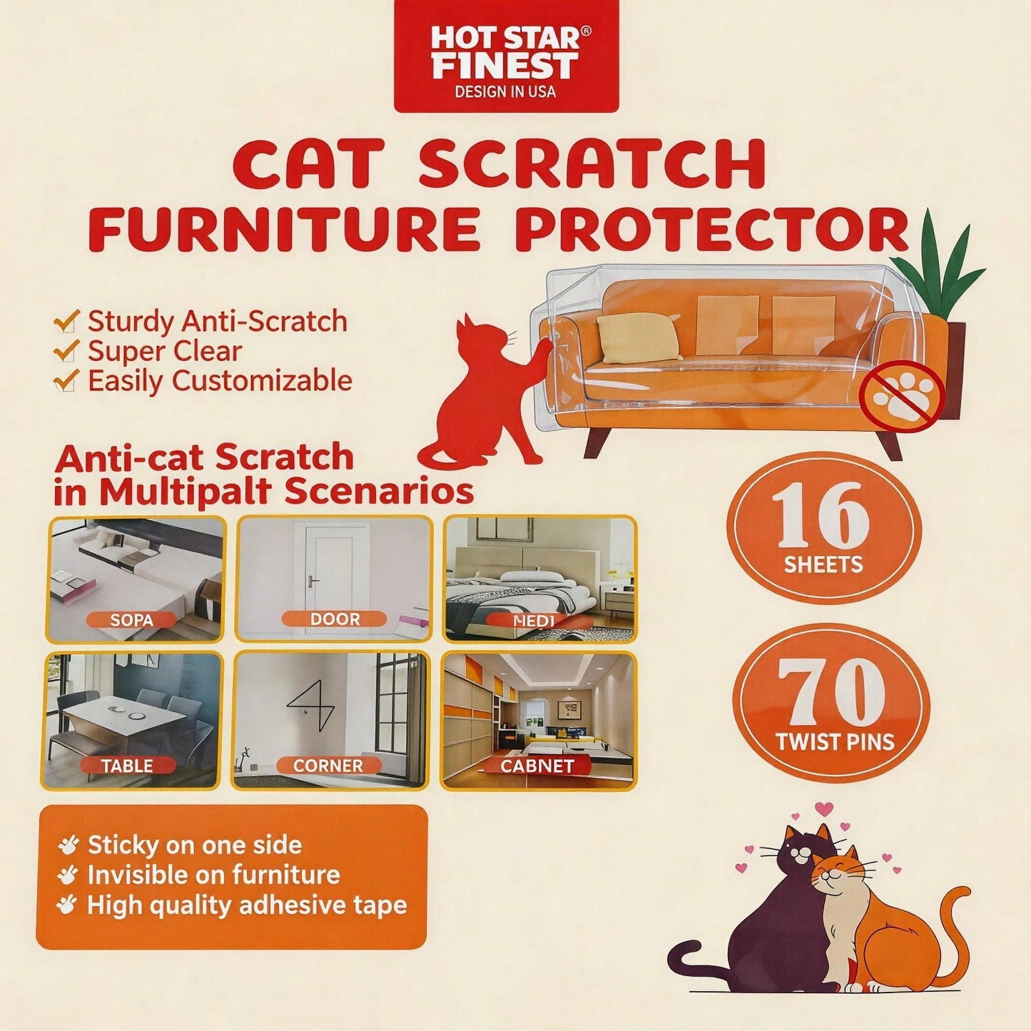 [vendor] Cat Scratch Furniture Protector Set 16 Clear Sheets, Incldes 8