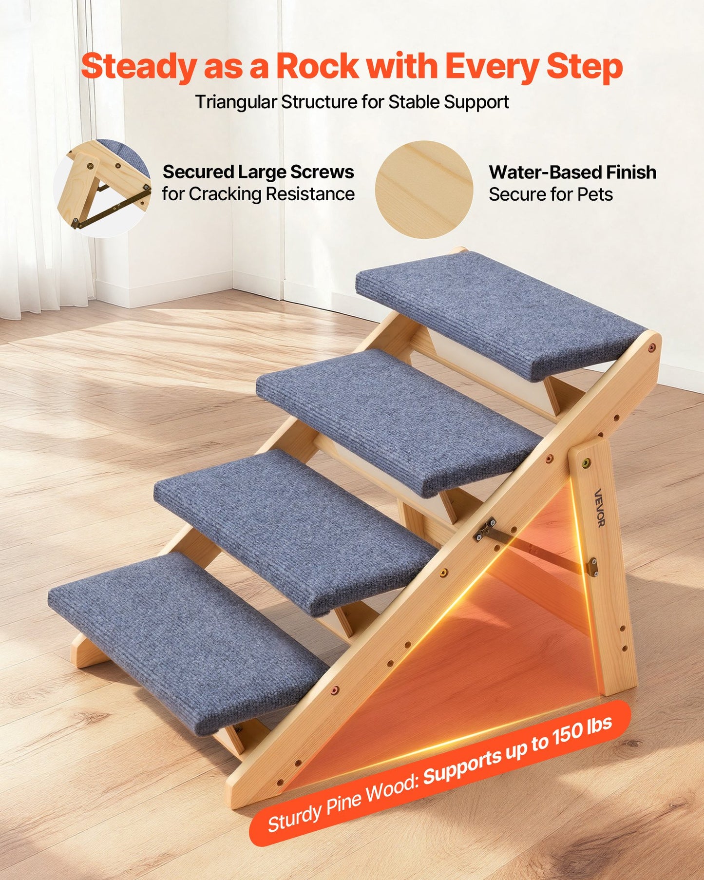 [vendor] Wood Pet Stairs, 4-Step Dog Stairs For Beds, Sofa & Cars, 150lbs