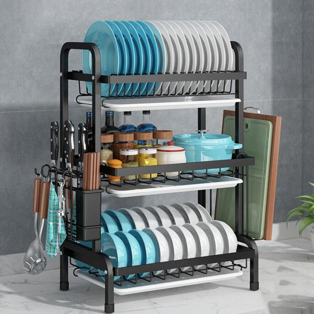 [vendor] 3 Tier Dish Drainer Rack With Drip Tray Cutlery Holder