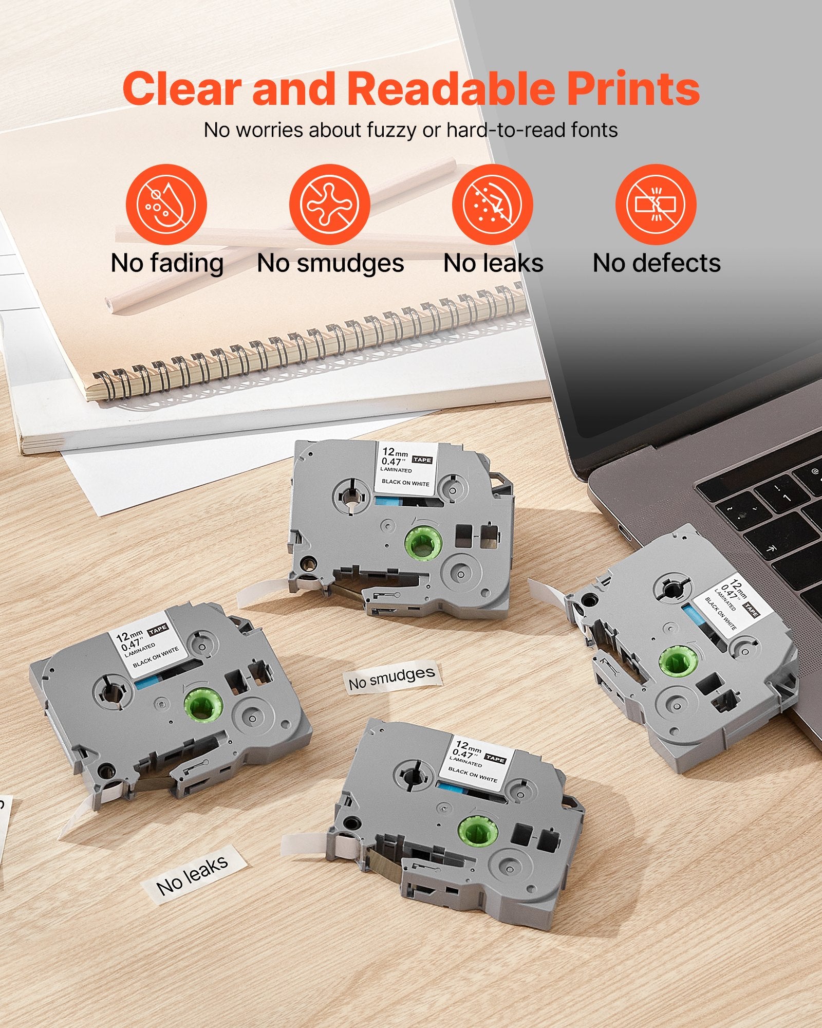 [vendor] Label Maker Tape, 4 Pack, 0.47 In / 12 Mm Black On White
