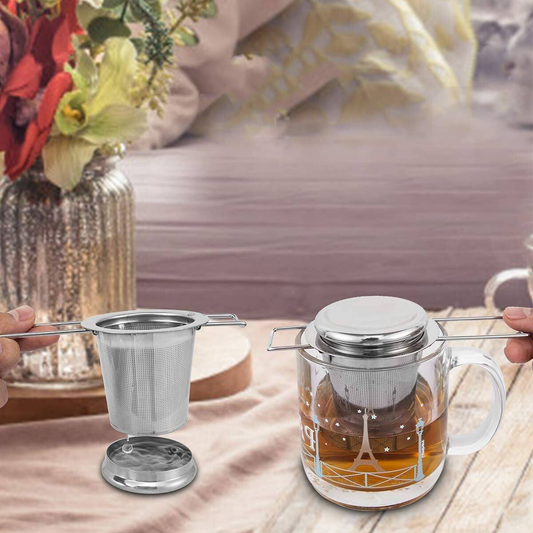 [vendor] Stainless Steel Tea Strainer With Dual-Purpose Lid &