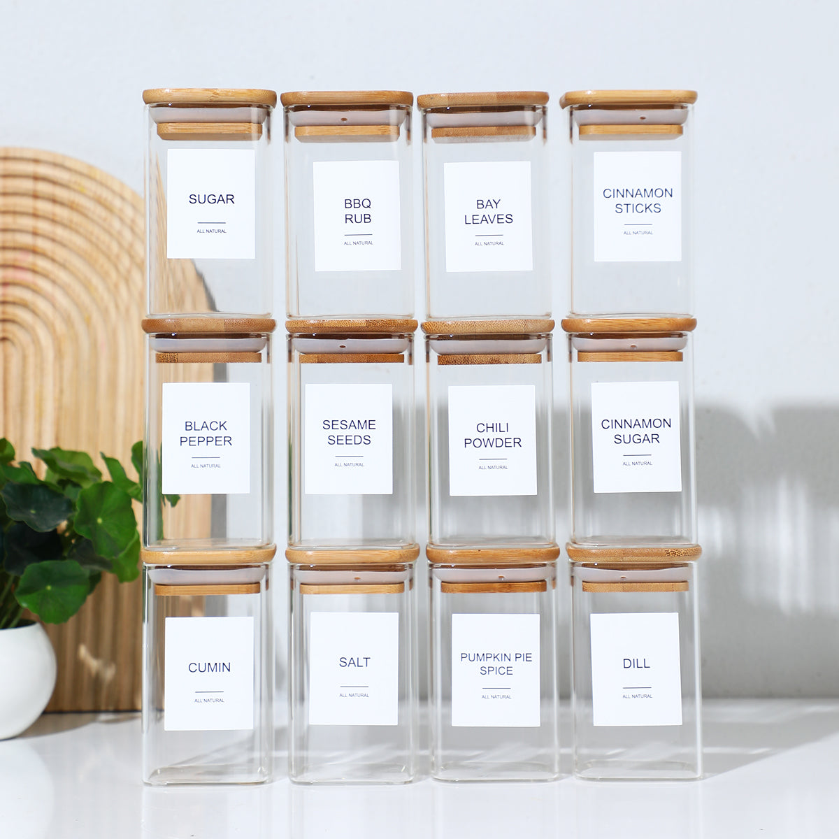 [vendor] 12Pcs Square Spice Jars With 72 Stickers, Kitchen Pepper