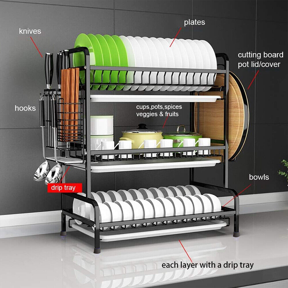 [vendor] 3 Tier Dish Drainer Rack With Drip Tray Cutlery Holder