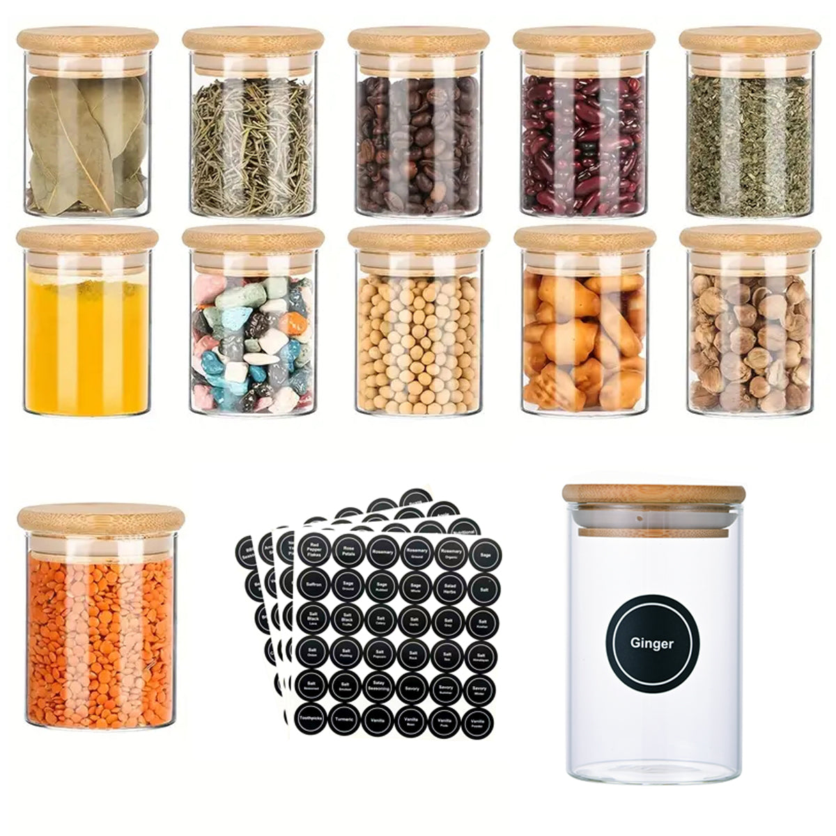 [vendor] 12 Pcs Round Spice Jars With Bamboo Lids And Stickers,