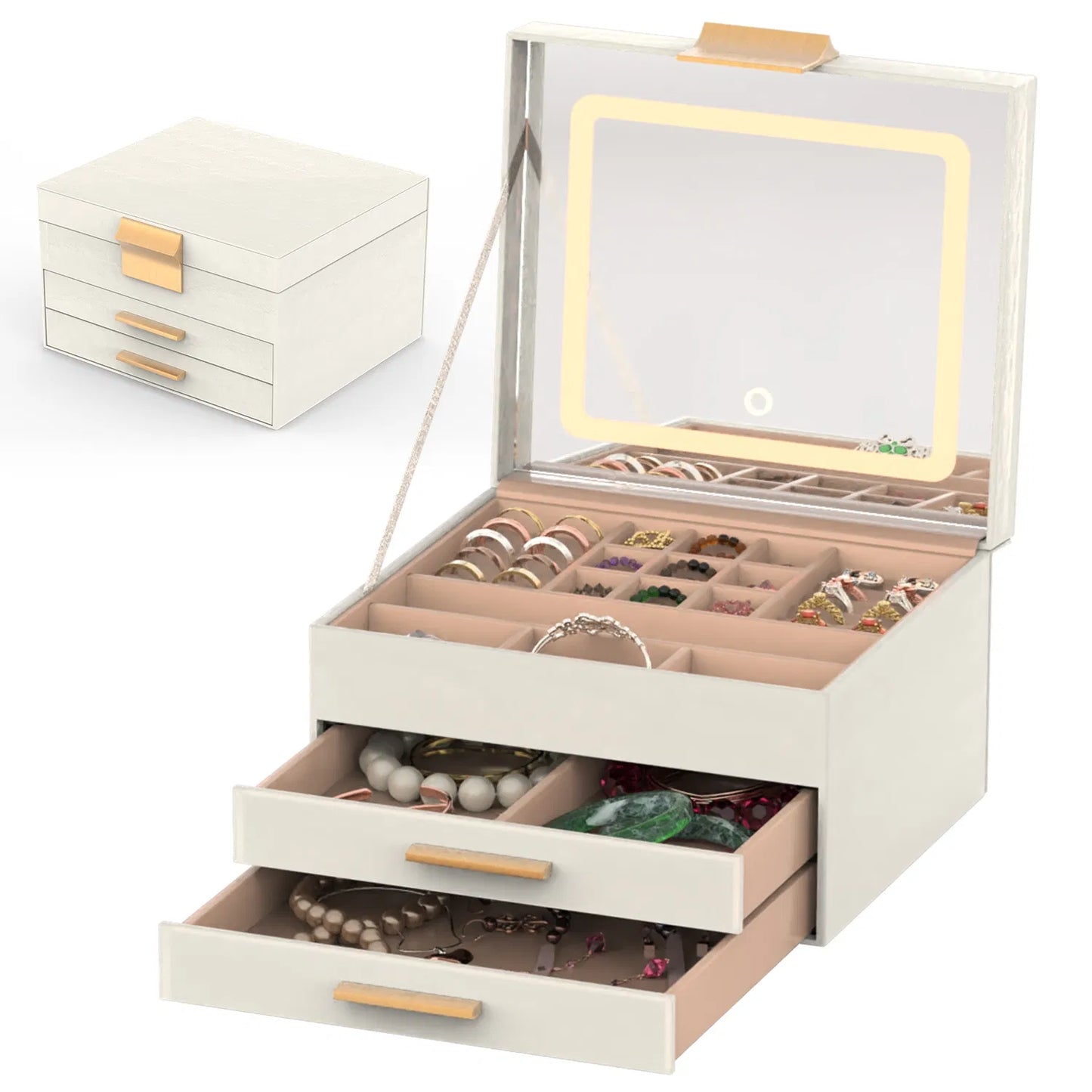 [vendor] Jewelry Box With LED Mirror 3-Layer Jewelry Organizer