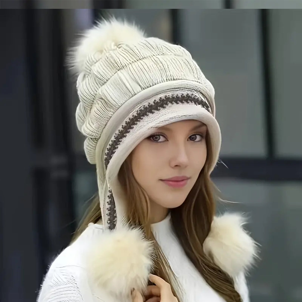 [vendor] Cozy Knit Fleece-Feel Beanie With Ear Flaps & Pompom