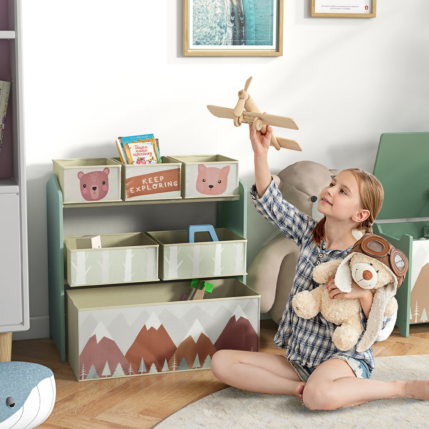 [vendor] Toy Organizer with 6 Storage Bins, 25" x 12" x 26", Green