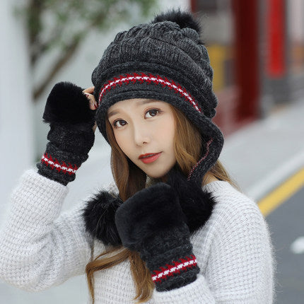 [vendor] Cozy Knit Fleece-Feel Beanie With Ear Flaps & Pompom
