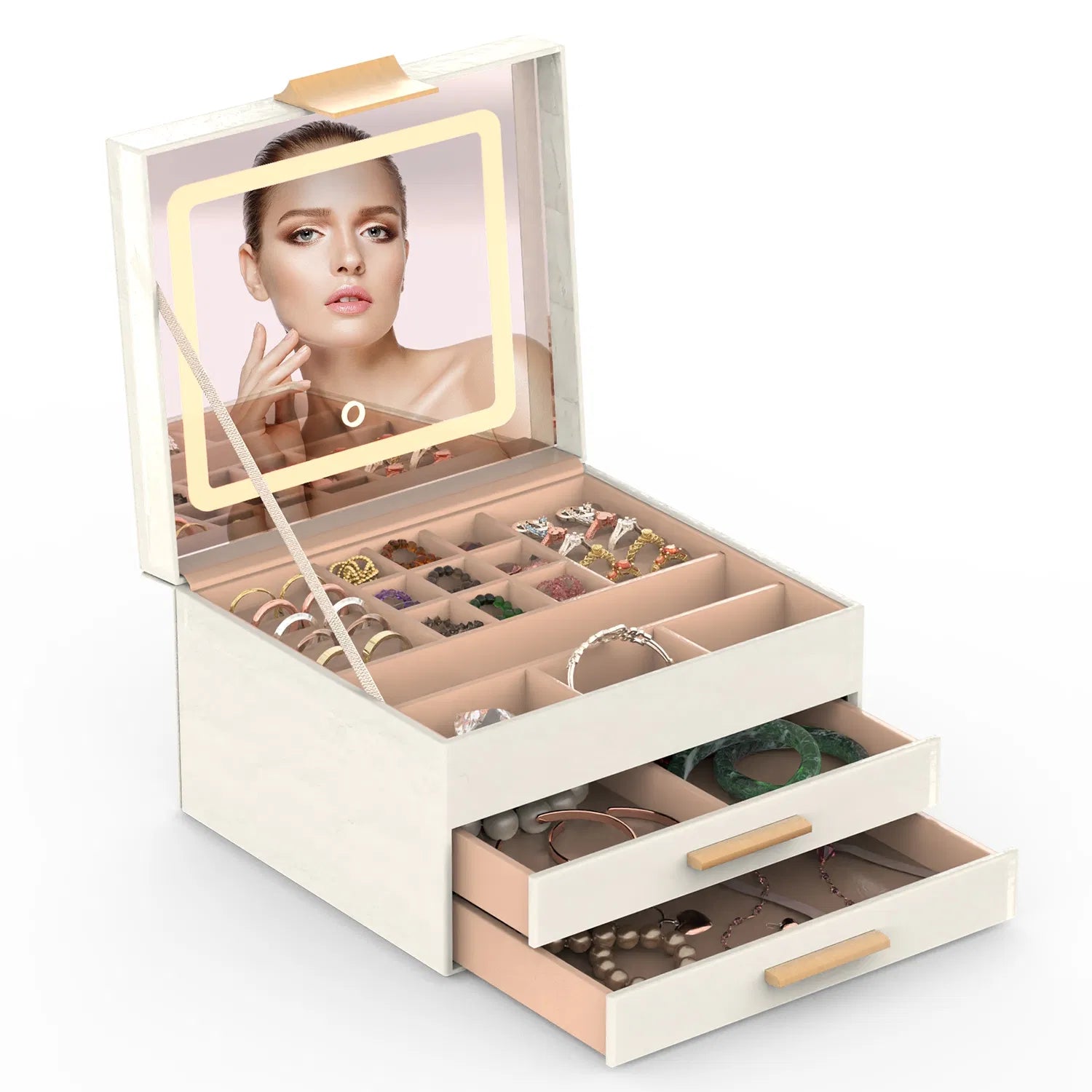 [vendor] Jewelry Box With LED Mirror 3-Layer Jewelry Organizer