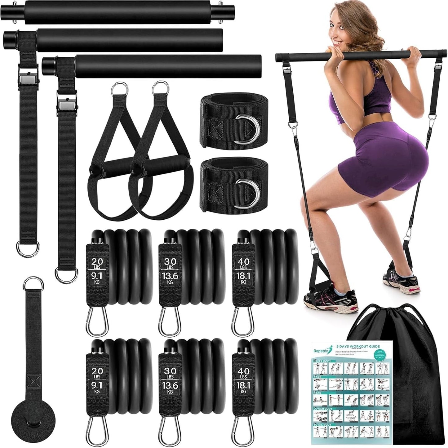 [vendor] Pilates Bar Kit With 6 Resistance Bands Home Gym Fitness