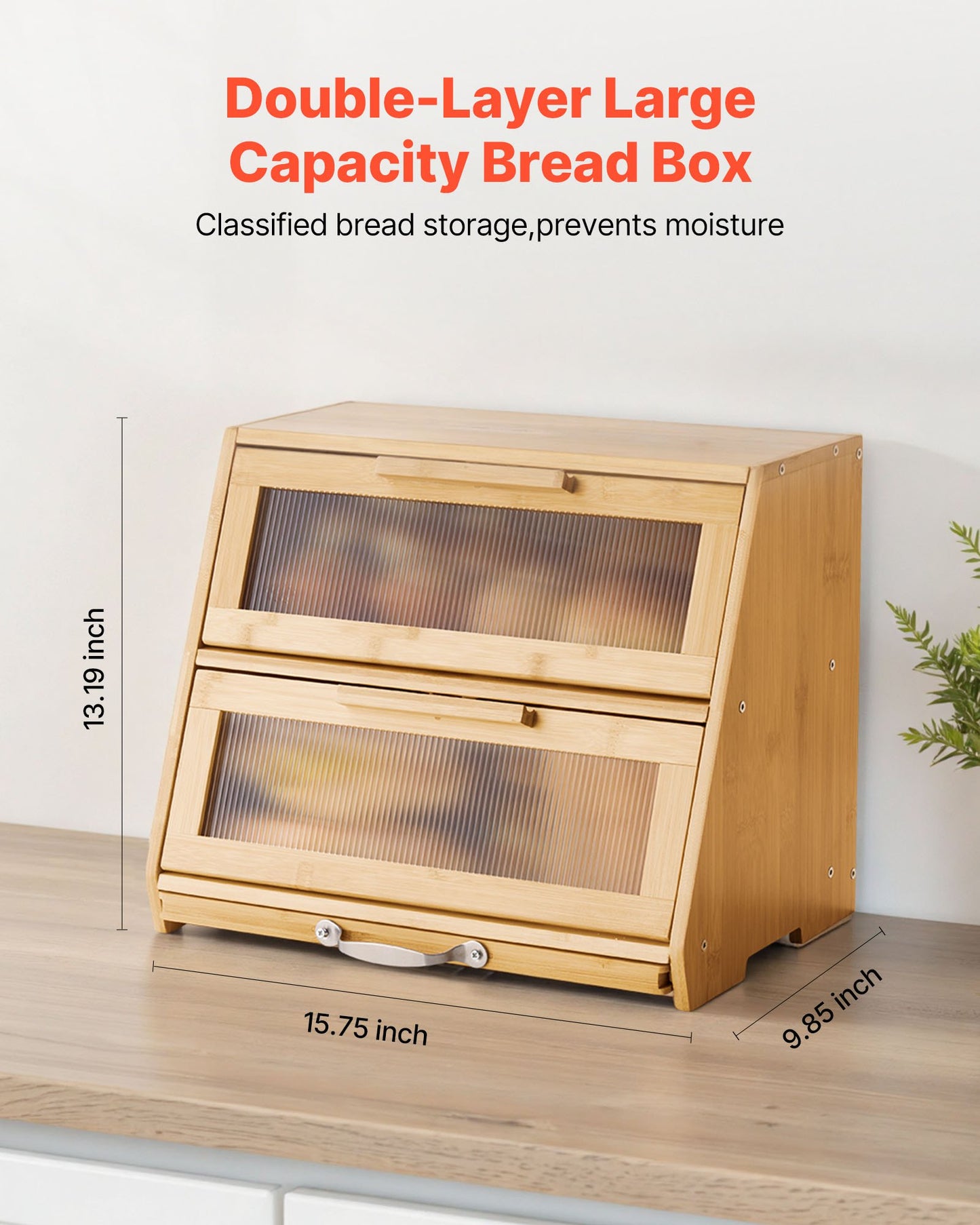 [vendor] Double Layer Bread Box For Kitchen Counter Bamboo