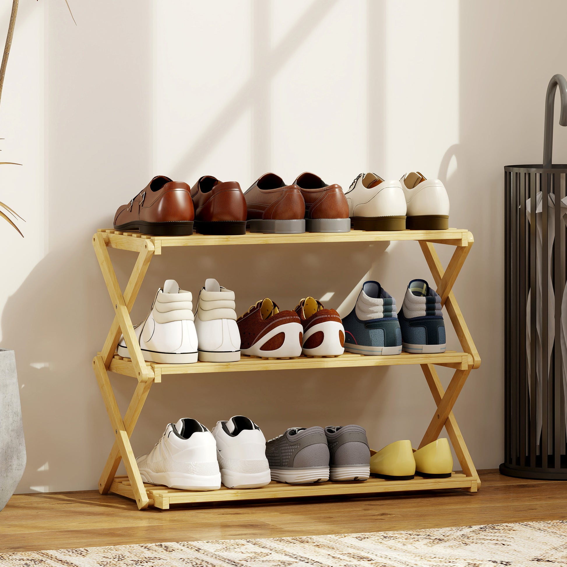 [vendor] Three-Tier Folding Bamboo Shoe Rack - Natural Finish