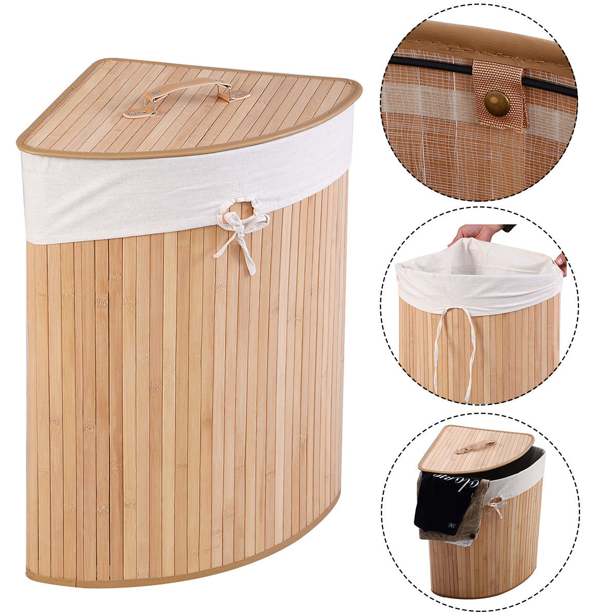 [vendor] Corner Bamboo Hamper Laundry Basket-Natural